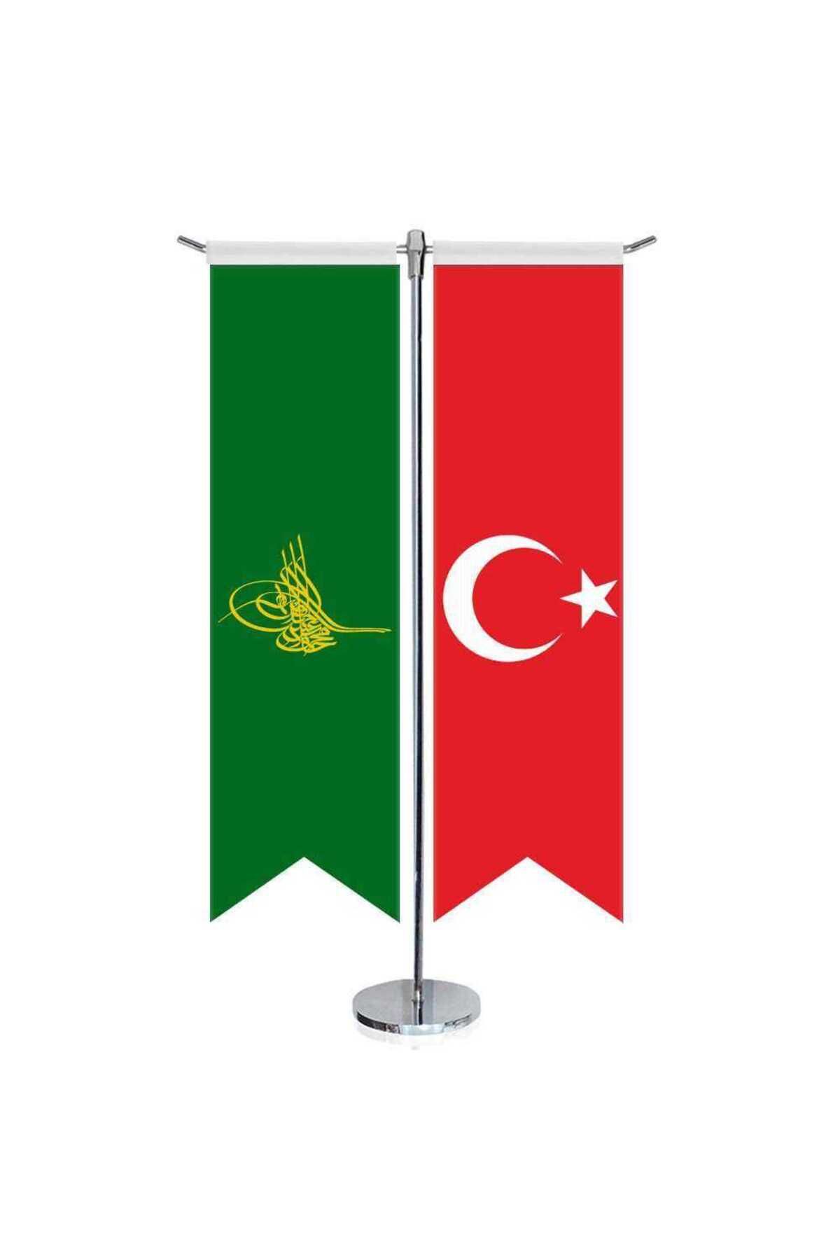 Asilmeydan Yeşil Osmanlı Tuğrası Bayrağı ve Türkiye -Kırlangıç -Saten T direk 2li Masa Bayrağı