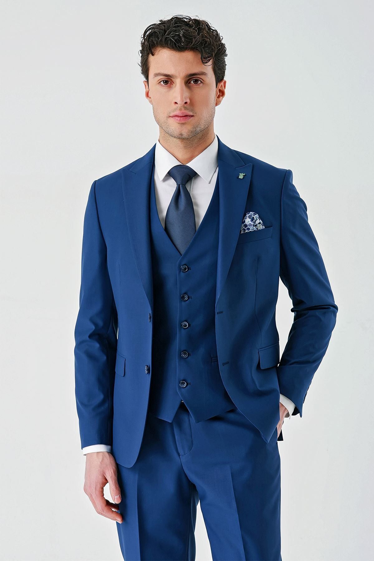 İmza Lacivert Gabardin Kırlangıç Yaka Yelekli 6 Drop Slim Fit Klasik Takım Elbise 1001240187