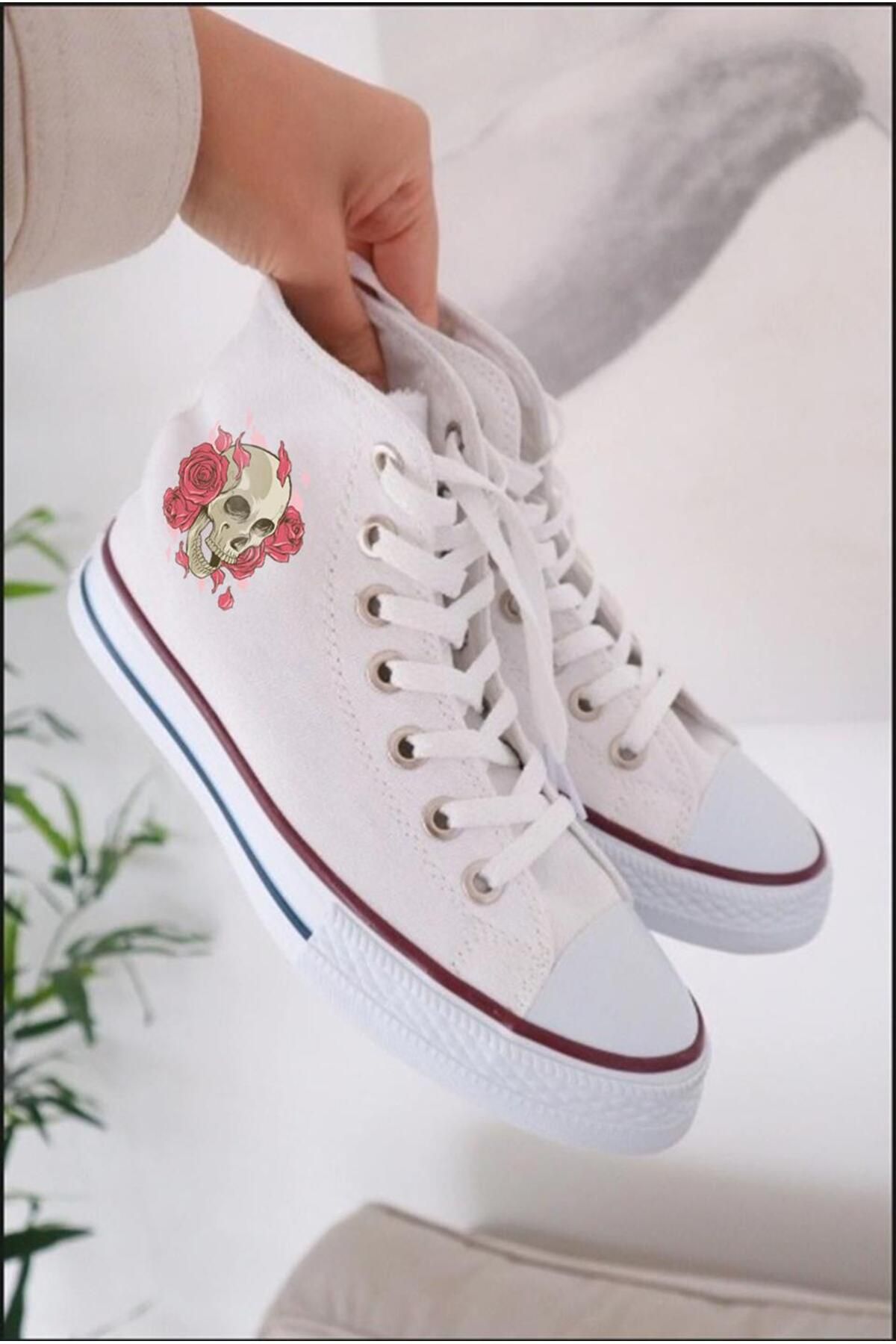 Genel Markalar Flower Skull Baskılı Beyaz Kanvas Ayakkabı