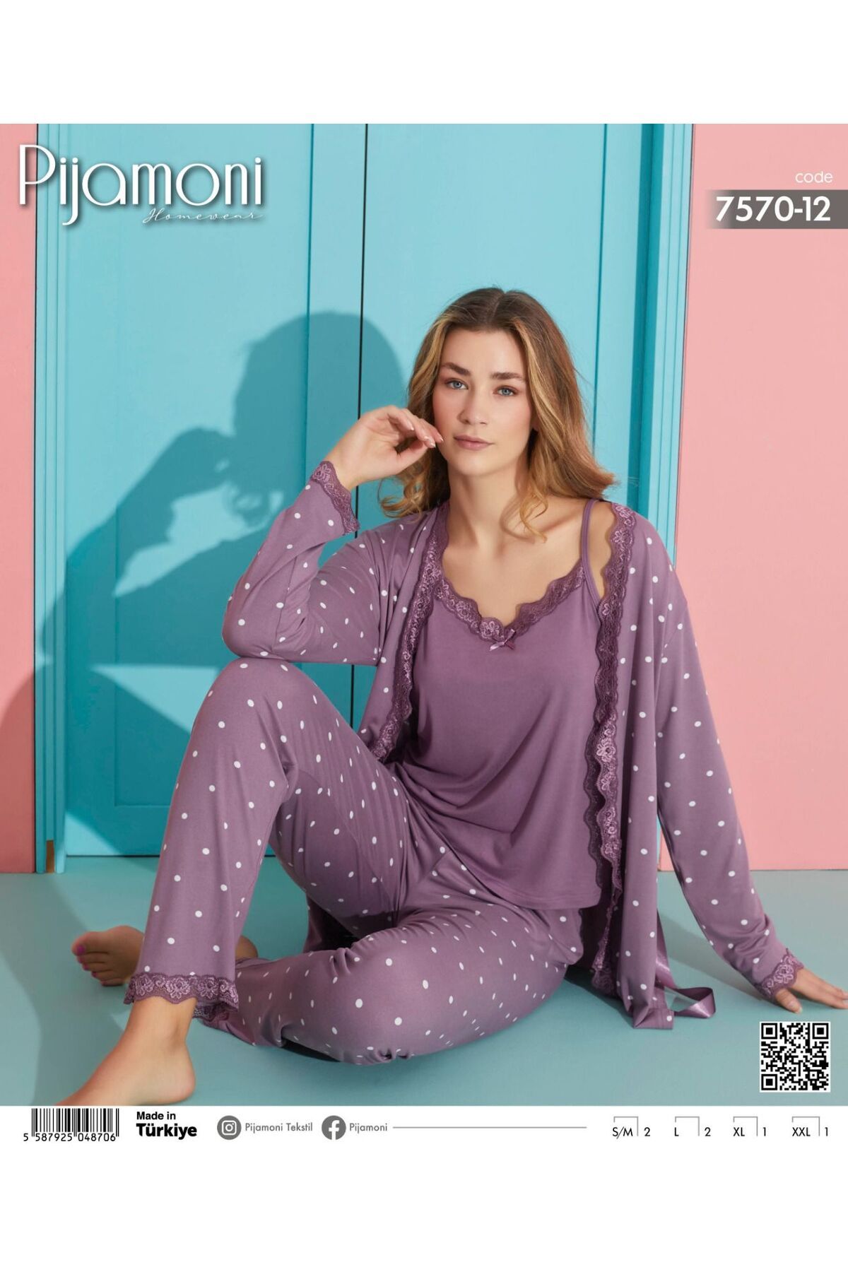 Pijamoni Milan Kumaş Sabahlıklı Üçlü Kadın Pijama Takımı
