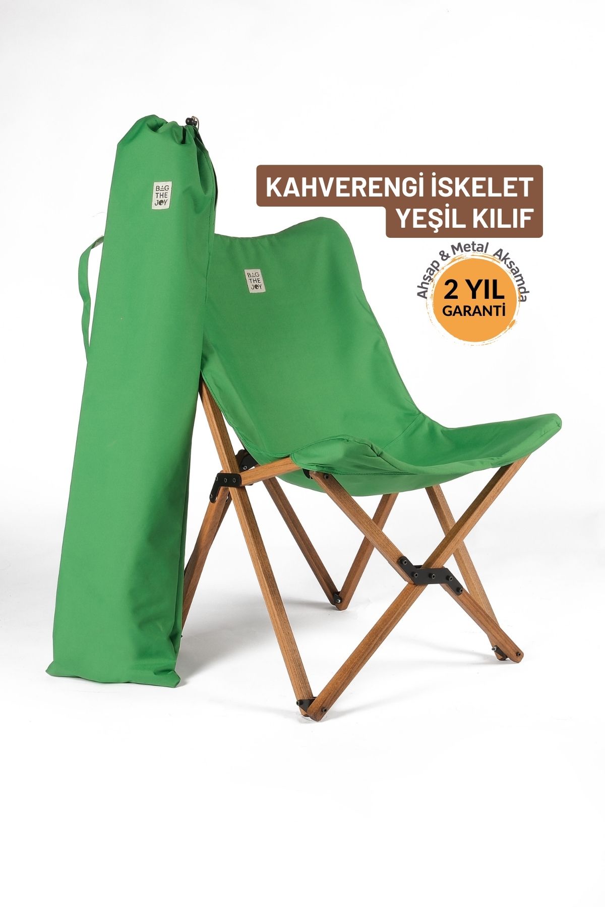 Bag The Joy Ahşap Katlanır Kamp & Bahçe Sandalyesi – Kahverengi İskelet - Yeşil Kılıf
