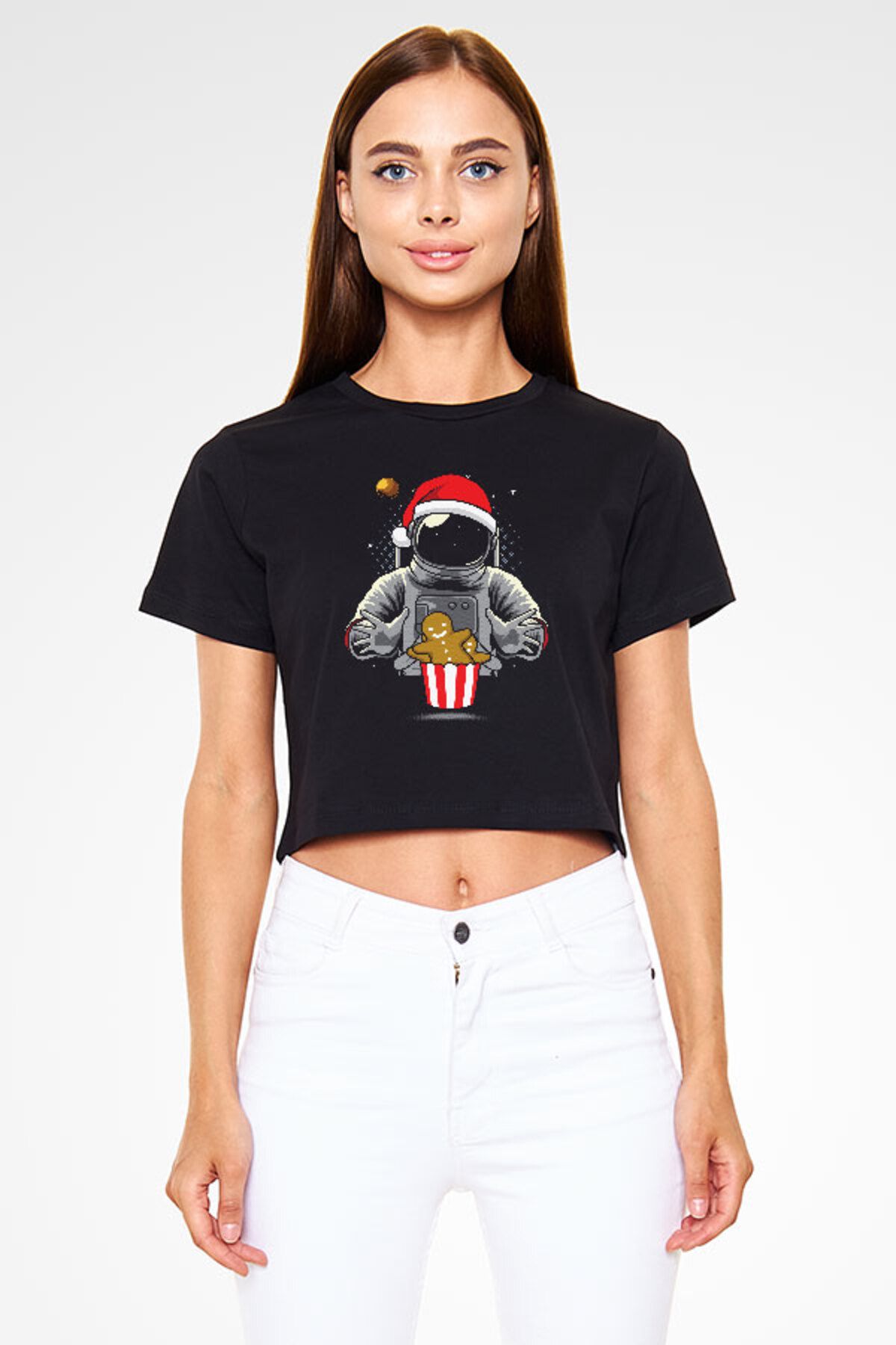 Darkhane Yeni Yıl Yılbaşı Astronot Siyah Unisex Crop Top Tişört T-Shirt