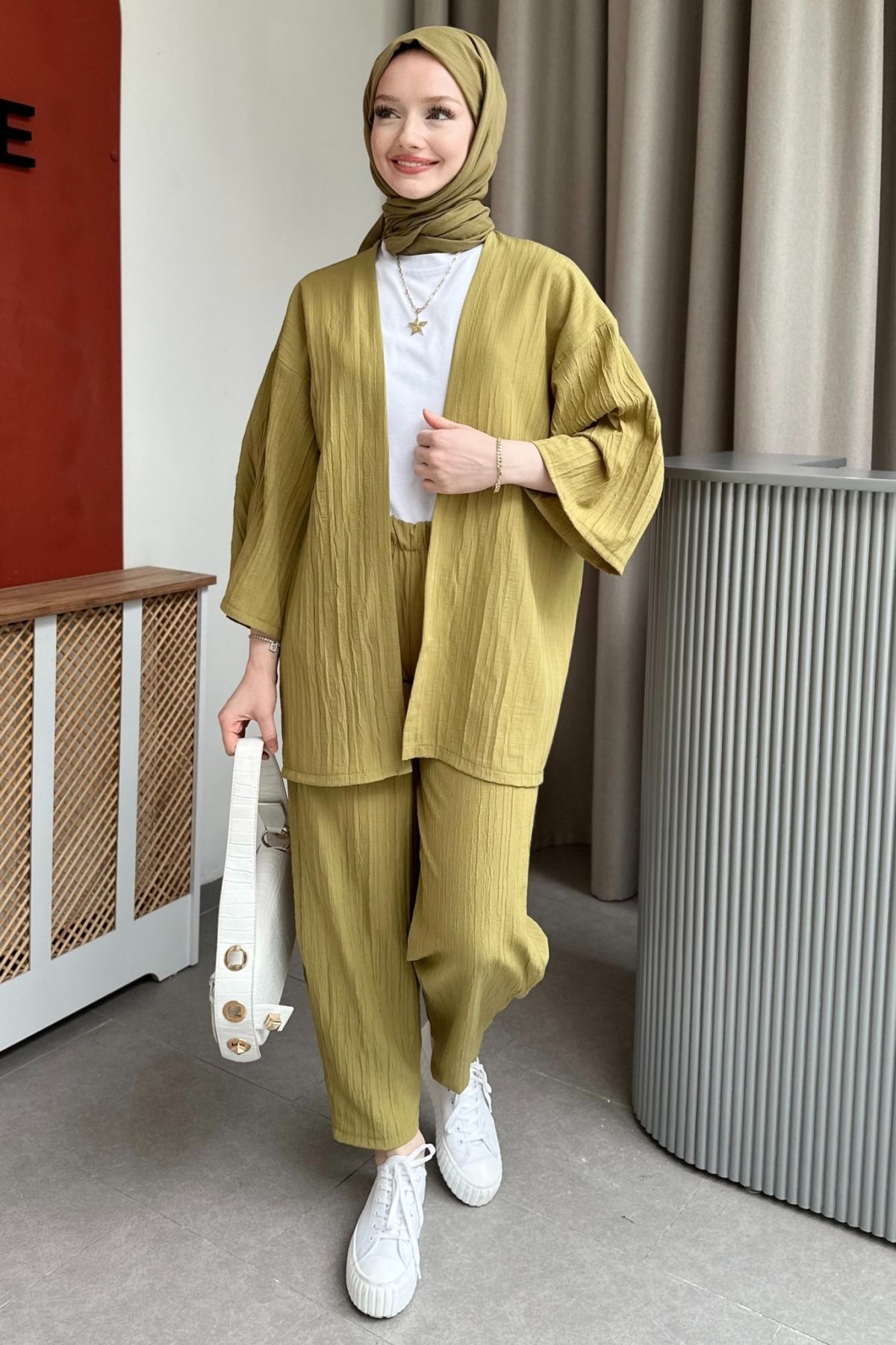 Gizce Vania Yağ Yeşili Kimono Takım