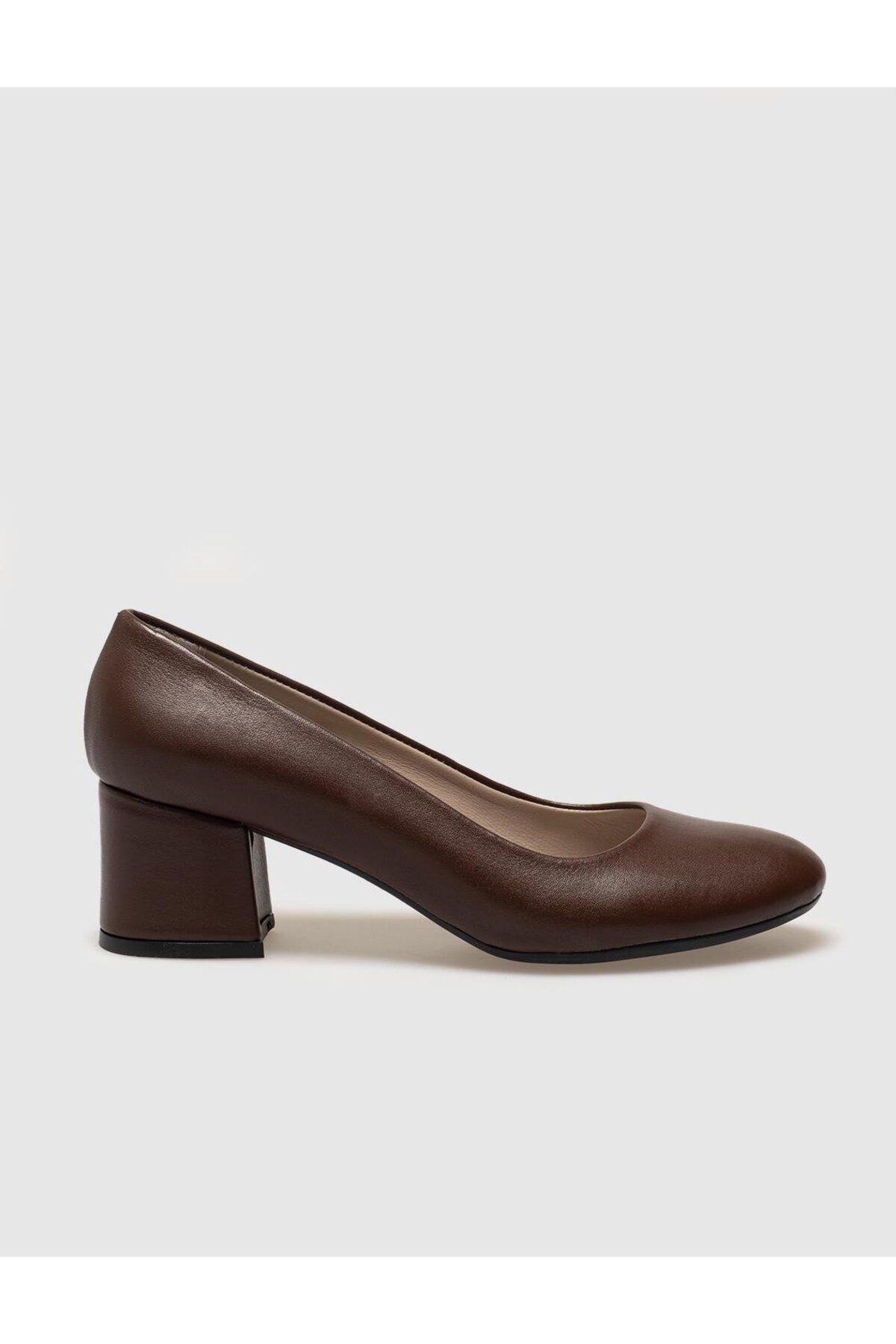Cabani Hakiki Deri Kahverengi Kadın Kalın Topuklu Ayakkabı