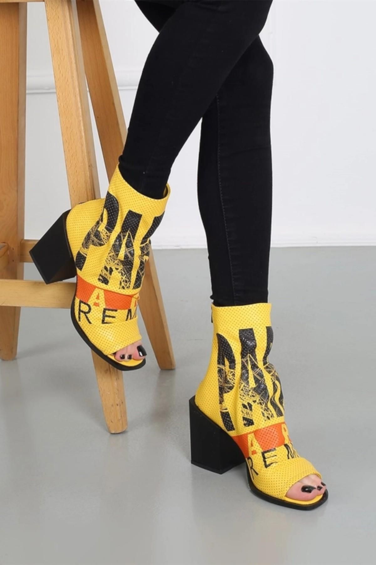 CassidoShoes Hakiki Deri Paris Yazılı Özel Tasarım Sarı Kadın Yaz Botu 002-3052
