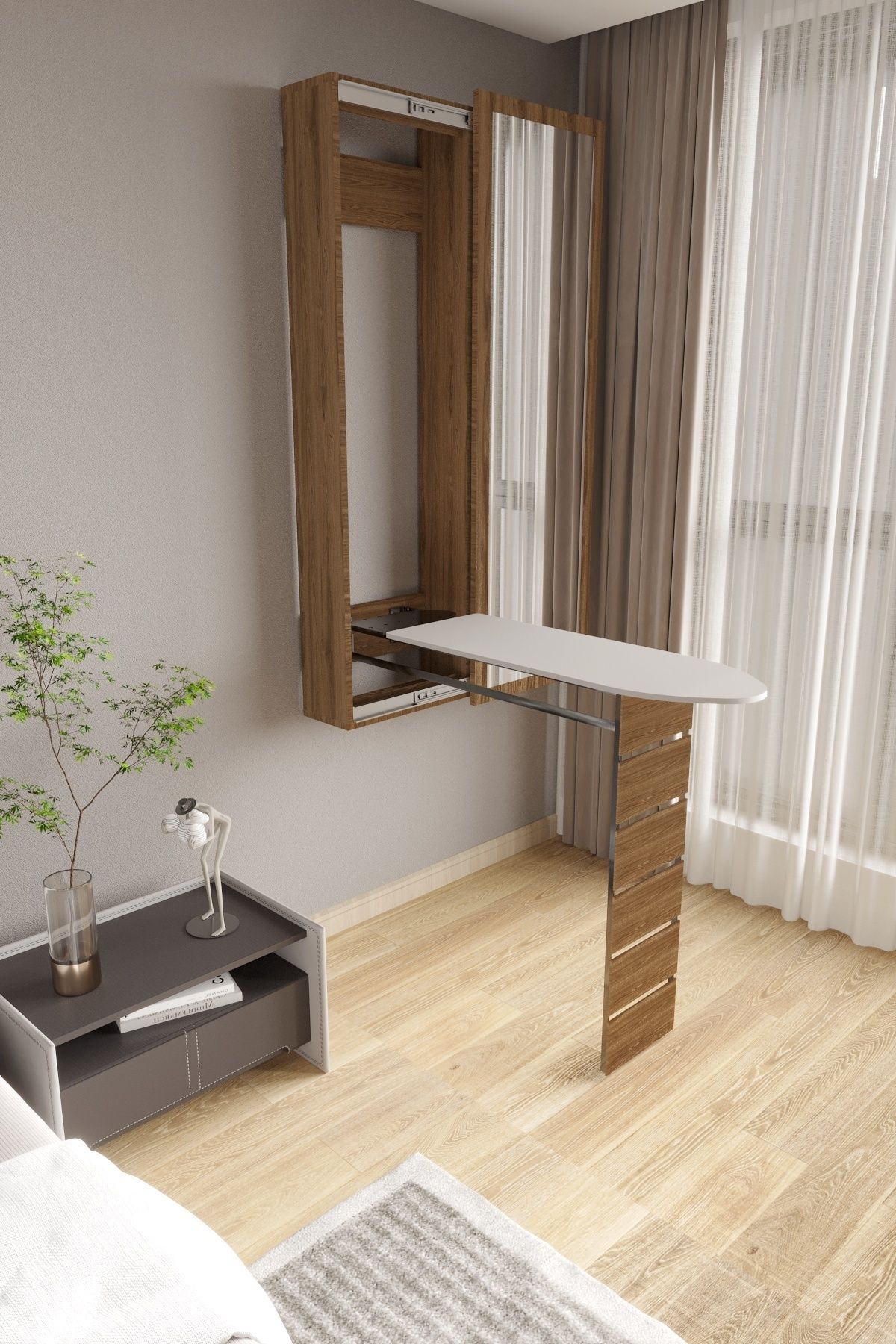 NIDAGE Kahverengi Aydınlık Ütü Masası Aynalı Dolaplı Katlanabilir Ütü Masası