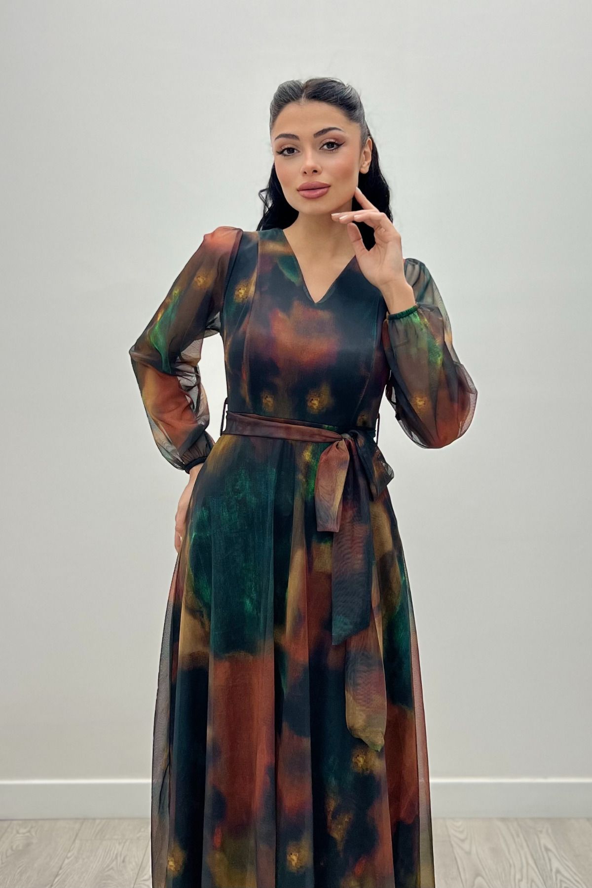 giyimmasalı Tül Kumaş V Yaka Midi Elbise - SARI