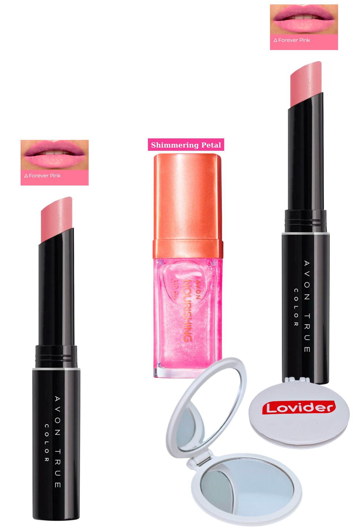 Avon Ultra Beauty Ruj Forever Pink 2'li + Shimmering Petal Dudak Bakım Yağı + Lovider Cep Aynası