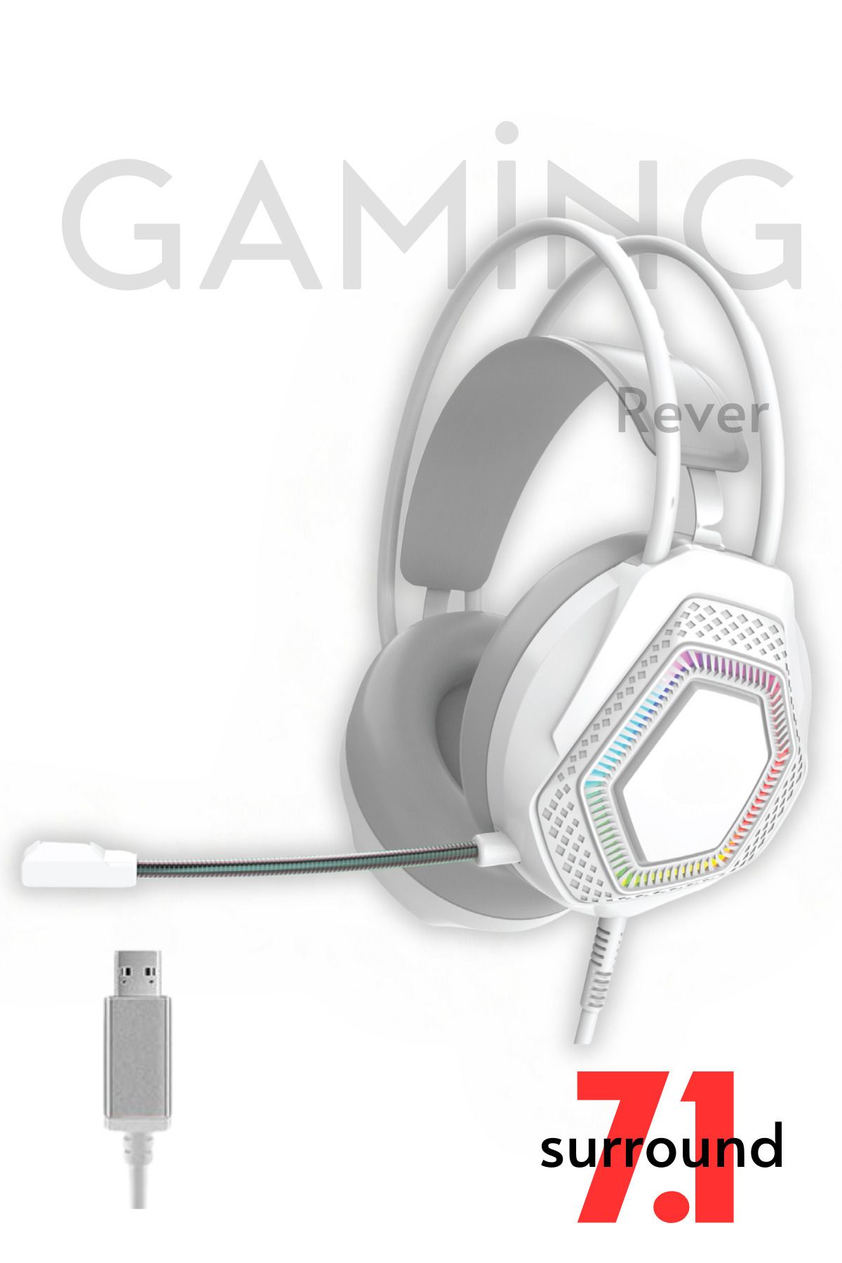 Rever 7.1 Usb Led Işıklı Mikrofonlu Beyaz Gaming Oyuncu Kulaklığı Pc / Laptop Uyumlu Kulaklık