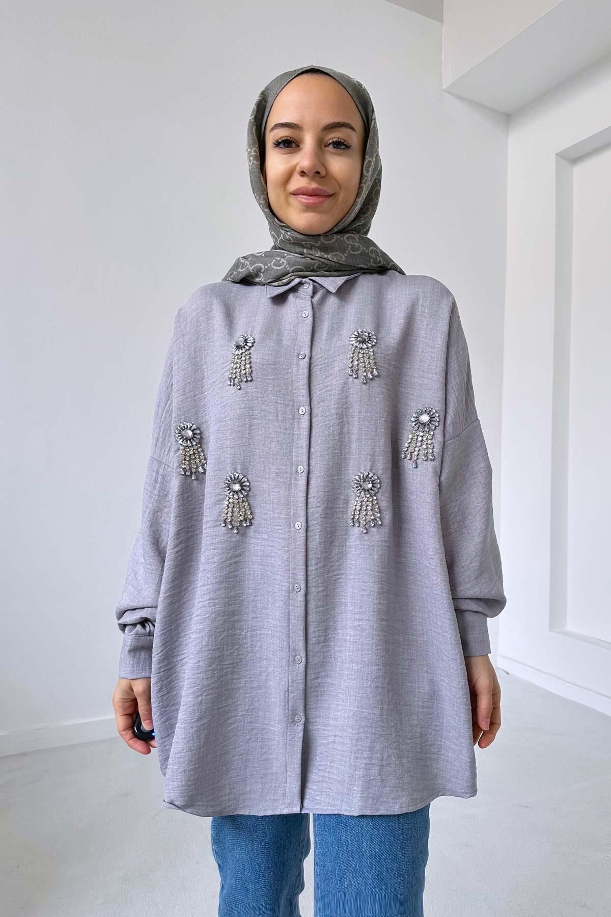 Ka Hijab Capella Oversize Taşlı Gömlek - Gri