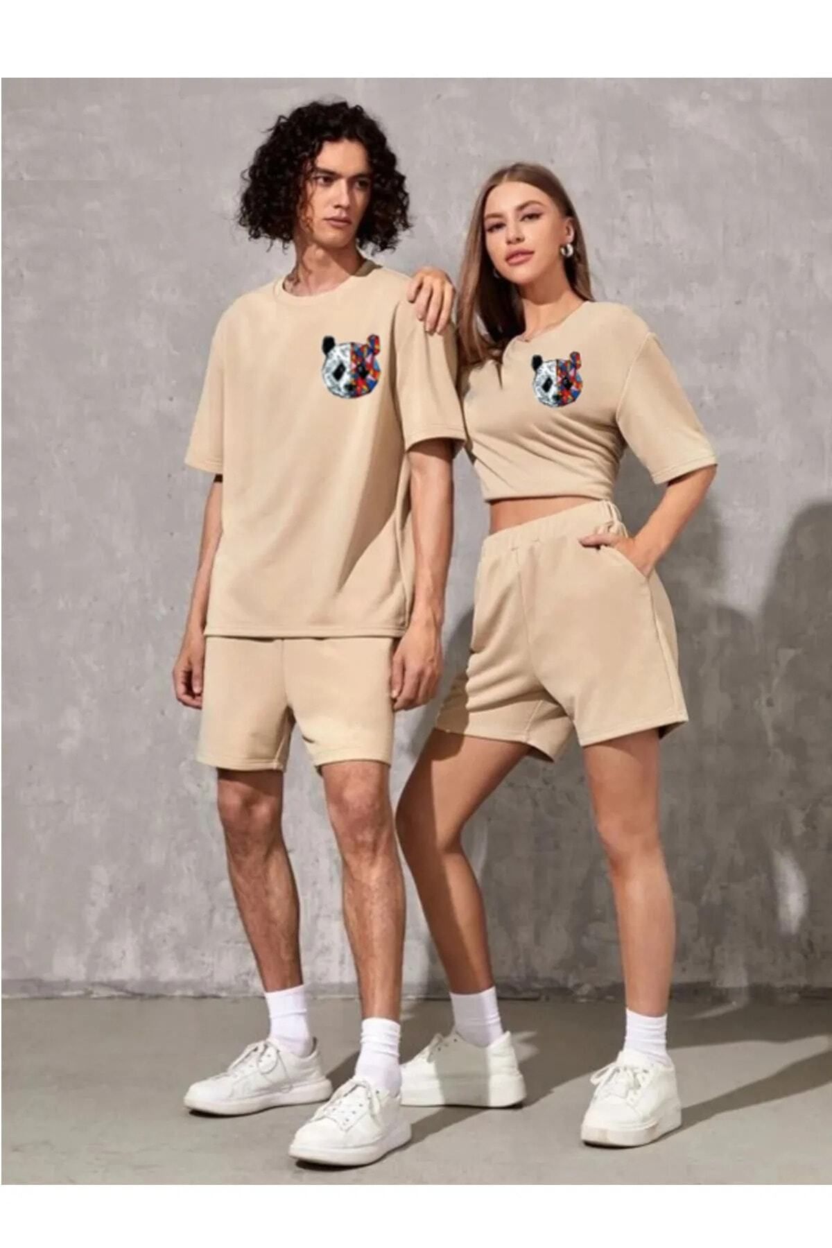 NİCE Oversize Panda Tasarım Baskılı Sevgili Çift Arkadaş Kombinleri  2 Li Ürün T-shirt