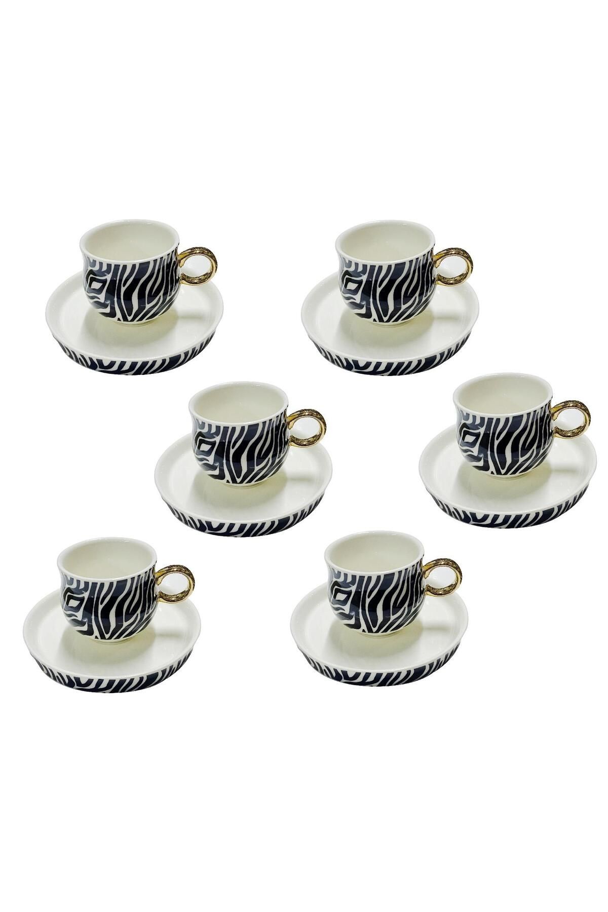 Schafer Porselen Kahve Fincan Takımı 6 Kişilik Siyah Beyaz Zebra Desenli