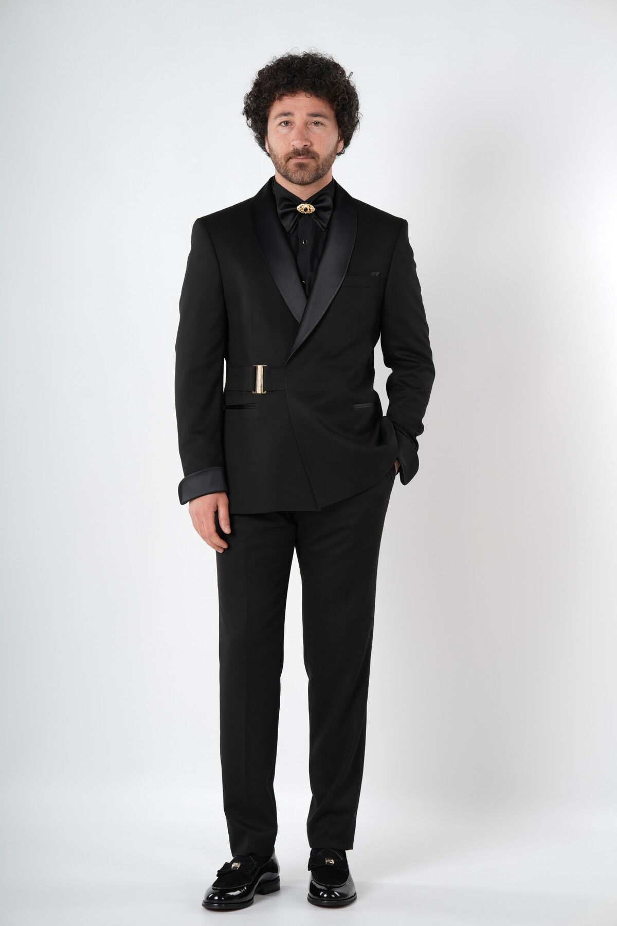 PAREZ Erkek Luxury Kruvaze Smokin Damatlık Gold Toka Şal Yaka Italyan Stil Ceket Pantolon papyon -siyah