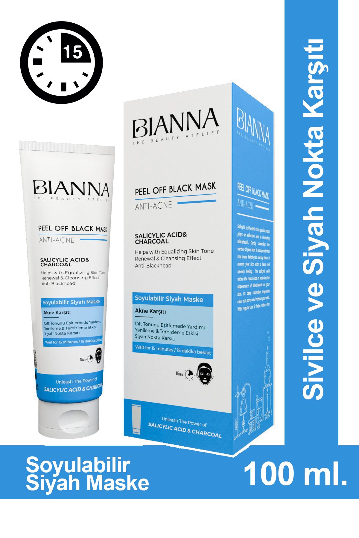 Bianna Sivilce ve Akne Karşıtı Soyulabilir Siyah Maske | Kömür Salisik Asit 100 ml.