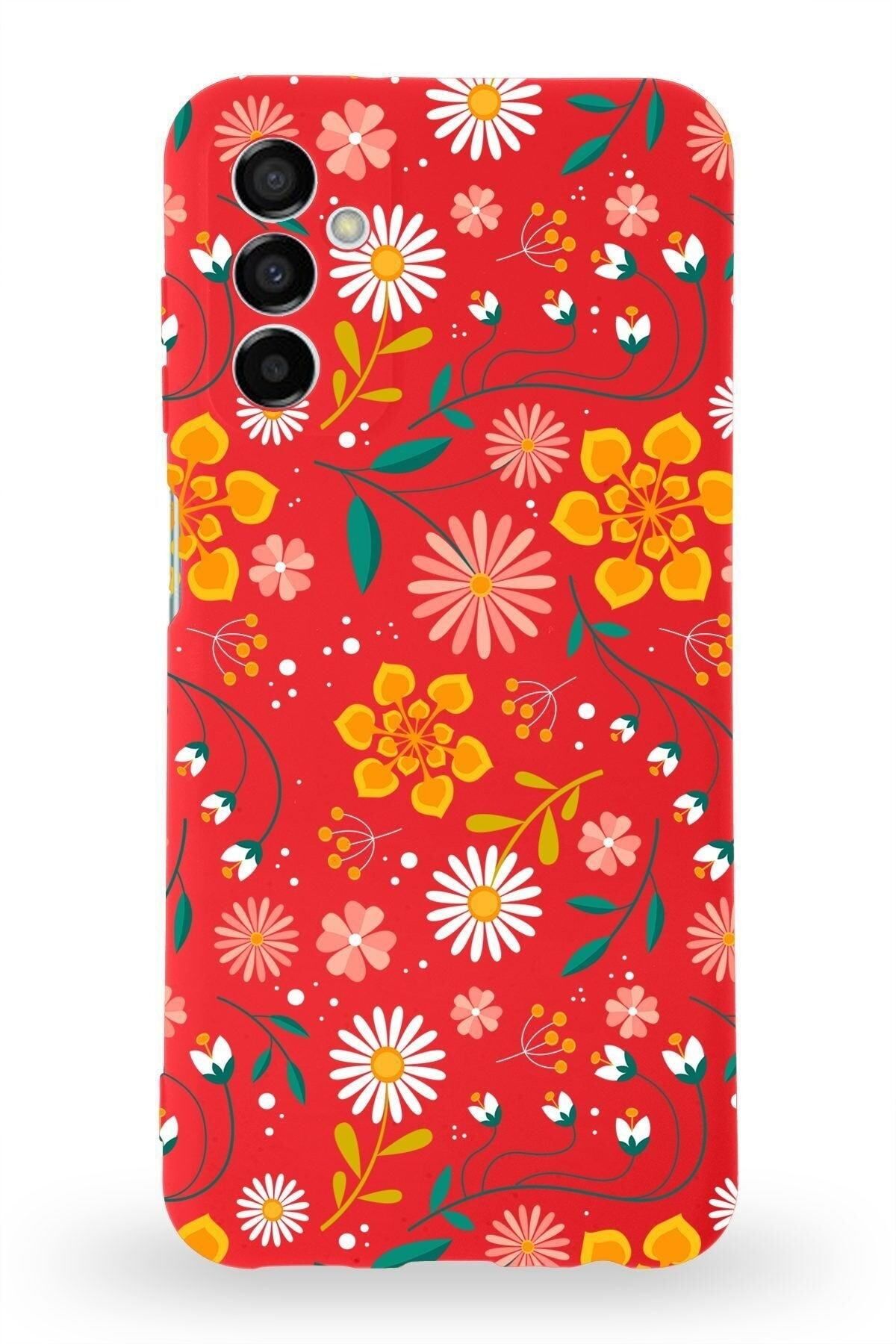 PrintiFy Samsung Galaxy M34 Uyumlu Lansman Kılıf Çiçek Tasarımlı Içi Kadife Kapak-kırmızı