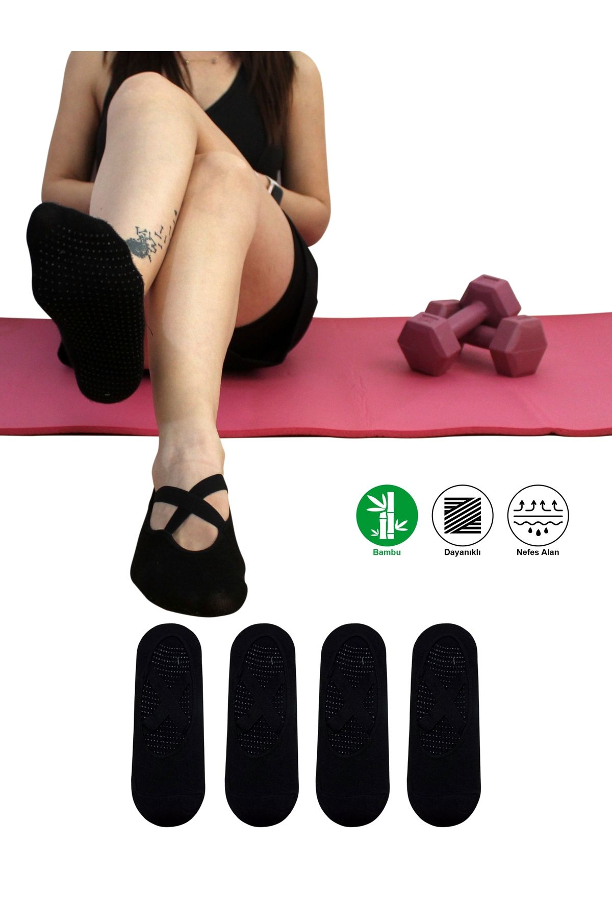 Sweex 4 Çift Bambu Siyah Kaymaz Taban Silikon Baskılı Yoga Fitness Pilates Ve Aktivite Kadın Çorabı
