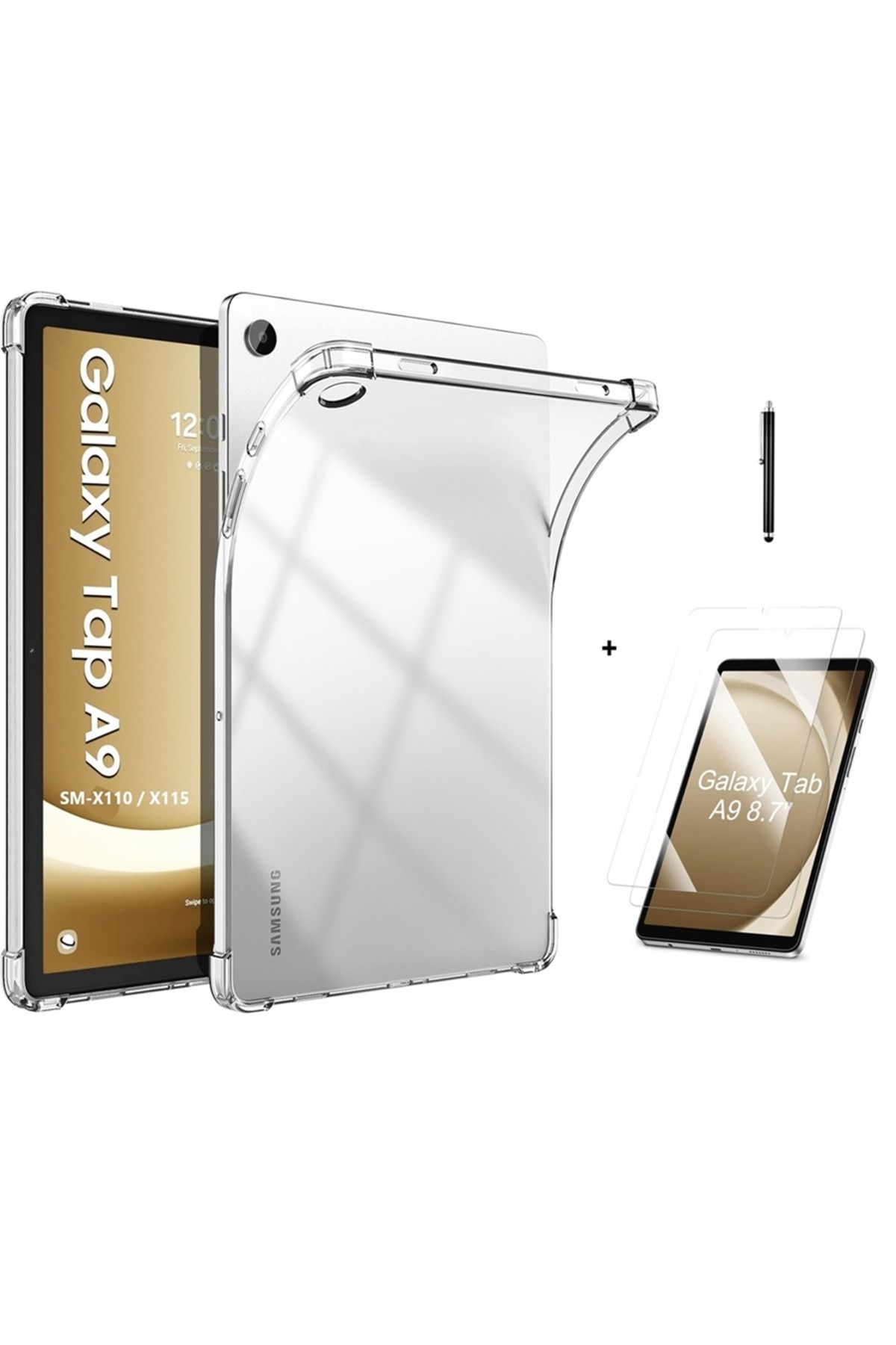 CepLab Samsun Galaxy Tab A9 Sm-X110 8.7" Kılıf Şeffaf Darbe Emici Silikon Kapak Temperli Cam Kalem 3in1 Set