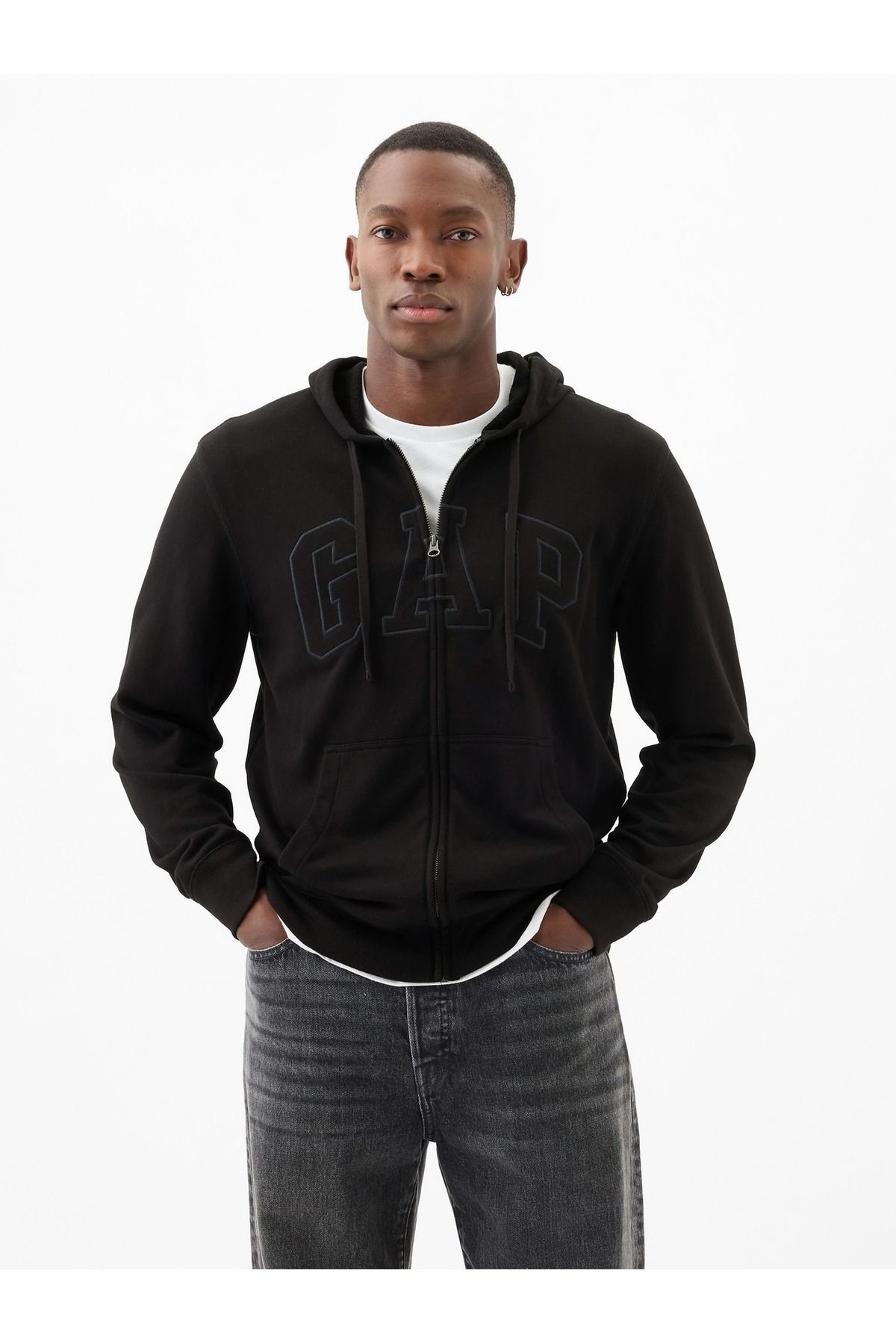 GAP Erkek Siyah Gap Logo Fermuarlı Fransız Havlu Kumaş Sweatshirt