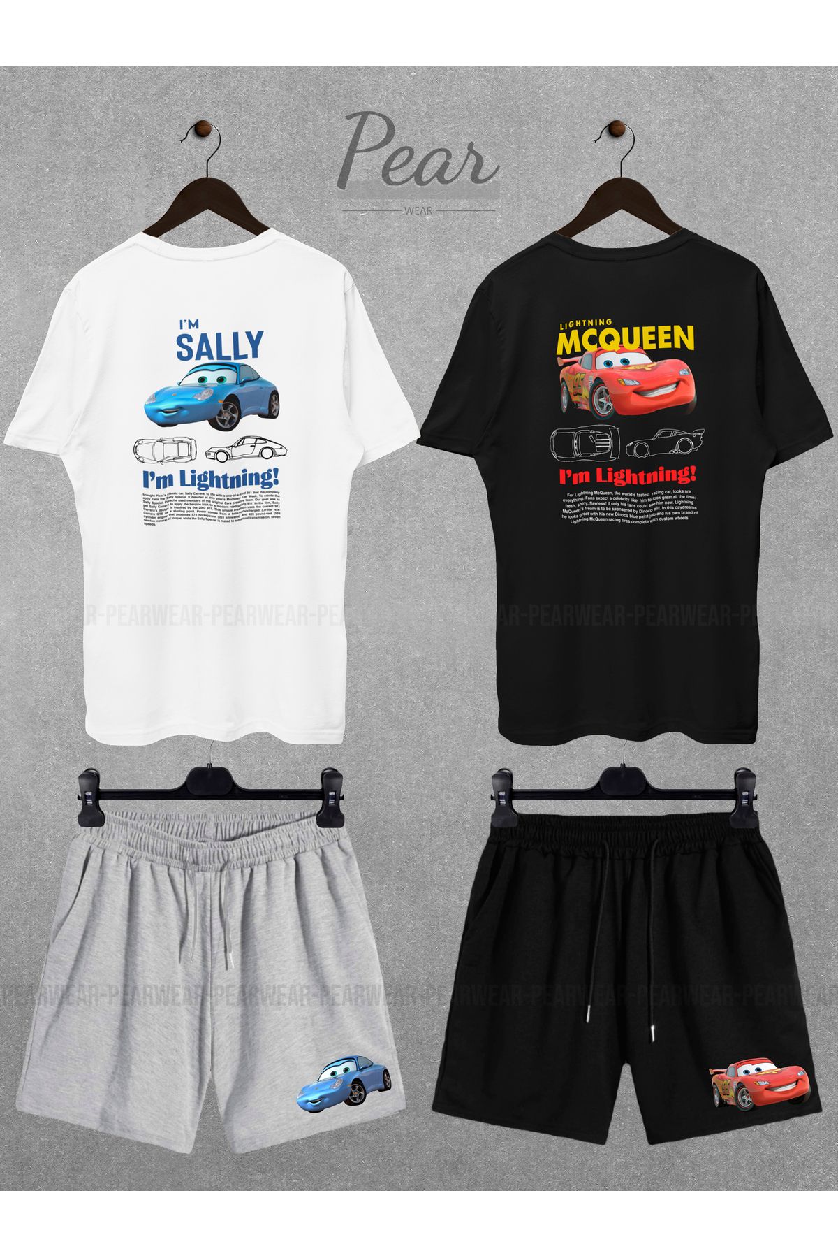 Pear Wear Sally & Mcqueen Cars Baskılı 4'lü Tişört Şortlu Takım Sevgili Unisex Oversize Şort T-shirt