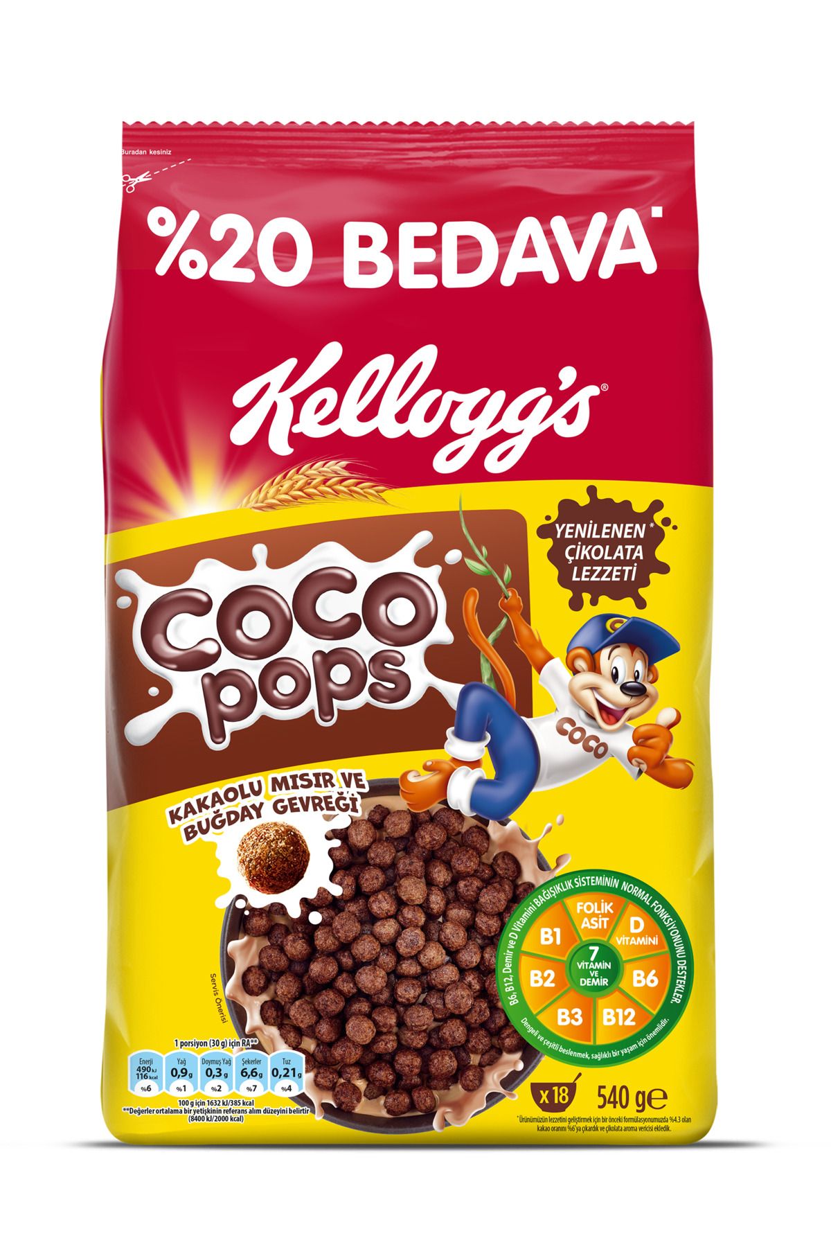 Kellogg's Coco Pops Çikolatalı Buğday Ve Mısır Gevreği 540 Gr, %20 Avantajlı, Lif,demir Ve 6 Vitamin Içerir