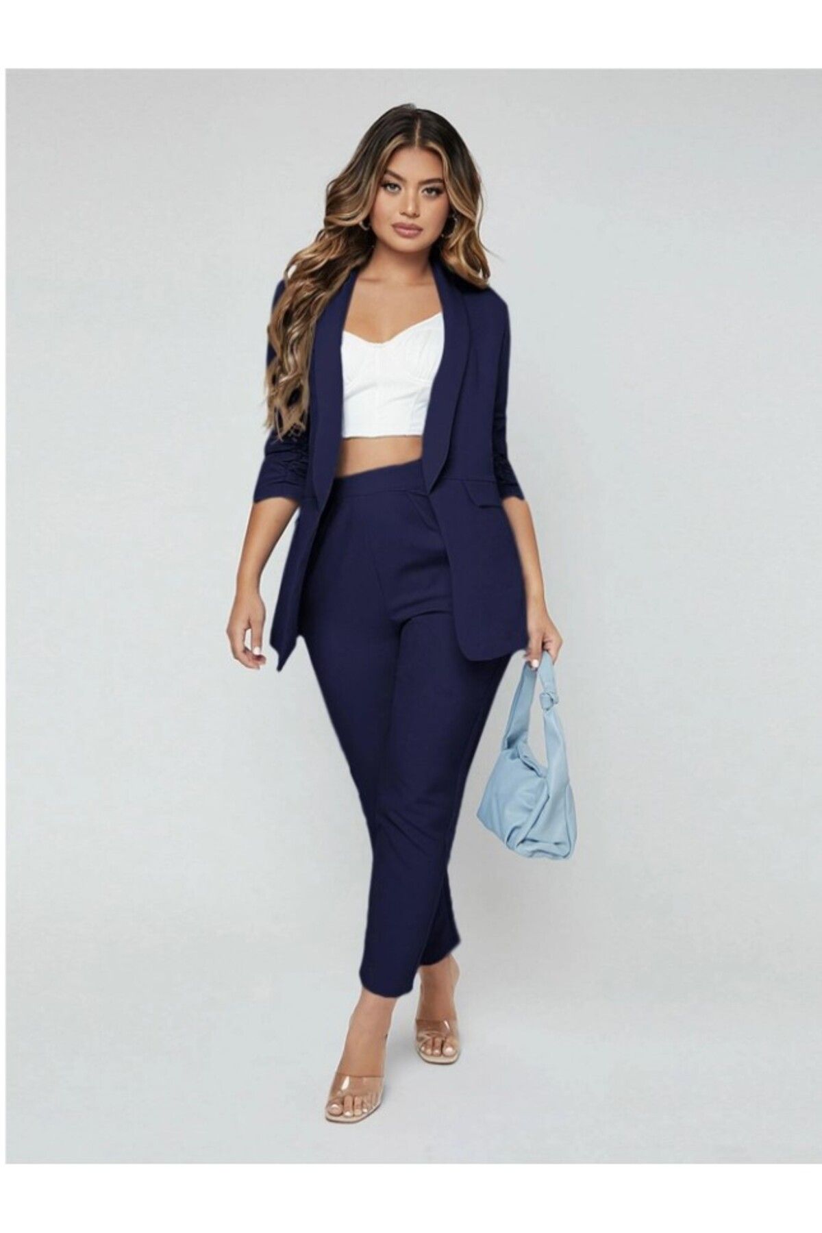 Female Clothing Lacivert Astarsız Kolu Lastikli Blazer Ceket Boru Paça Pantolon Takım