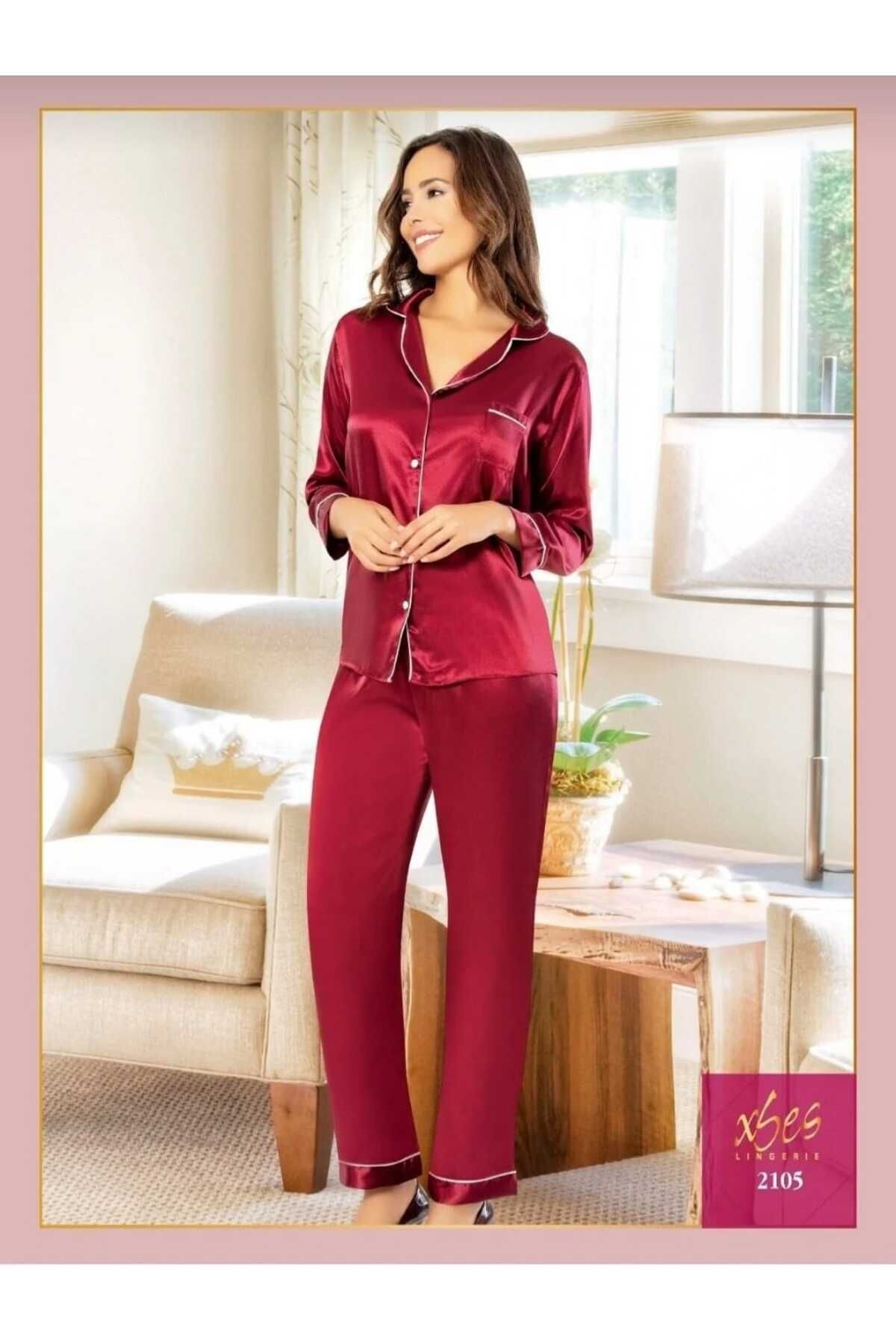 Xses 2105 Kadın Uzun Kollu Saten Pijama Takımı Bordo