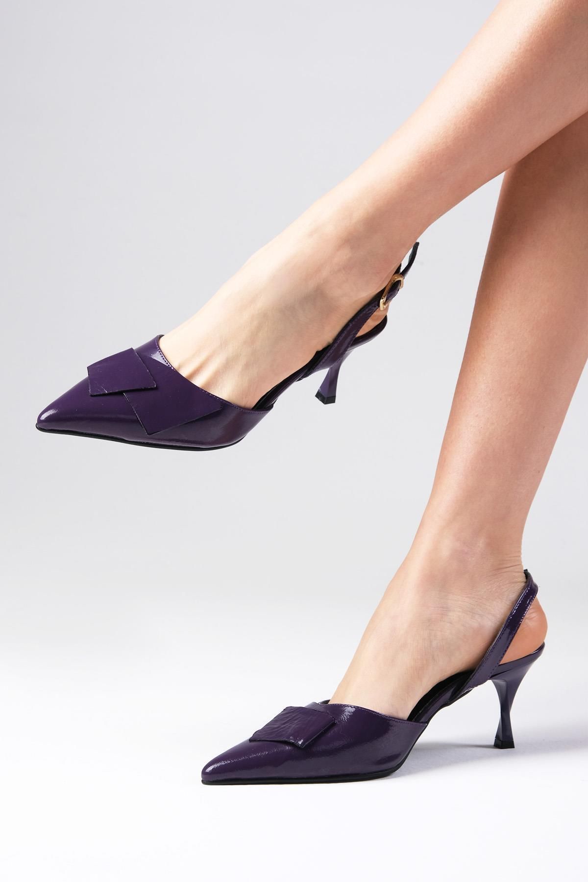 Mio Gusto Josephine Hakiki Rugan Mor Renk Arkası Açık Kadın Topuklu Ayakkabı