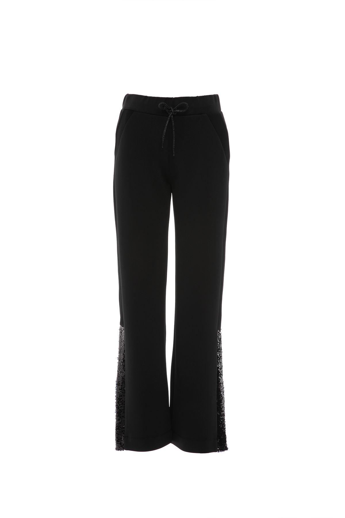 GIZIA Dış Paça Yırtmaçlı Payet Detay Gümüş Bağcıklı Siyah Pantolon