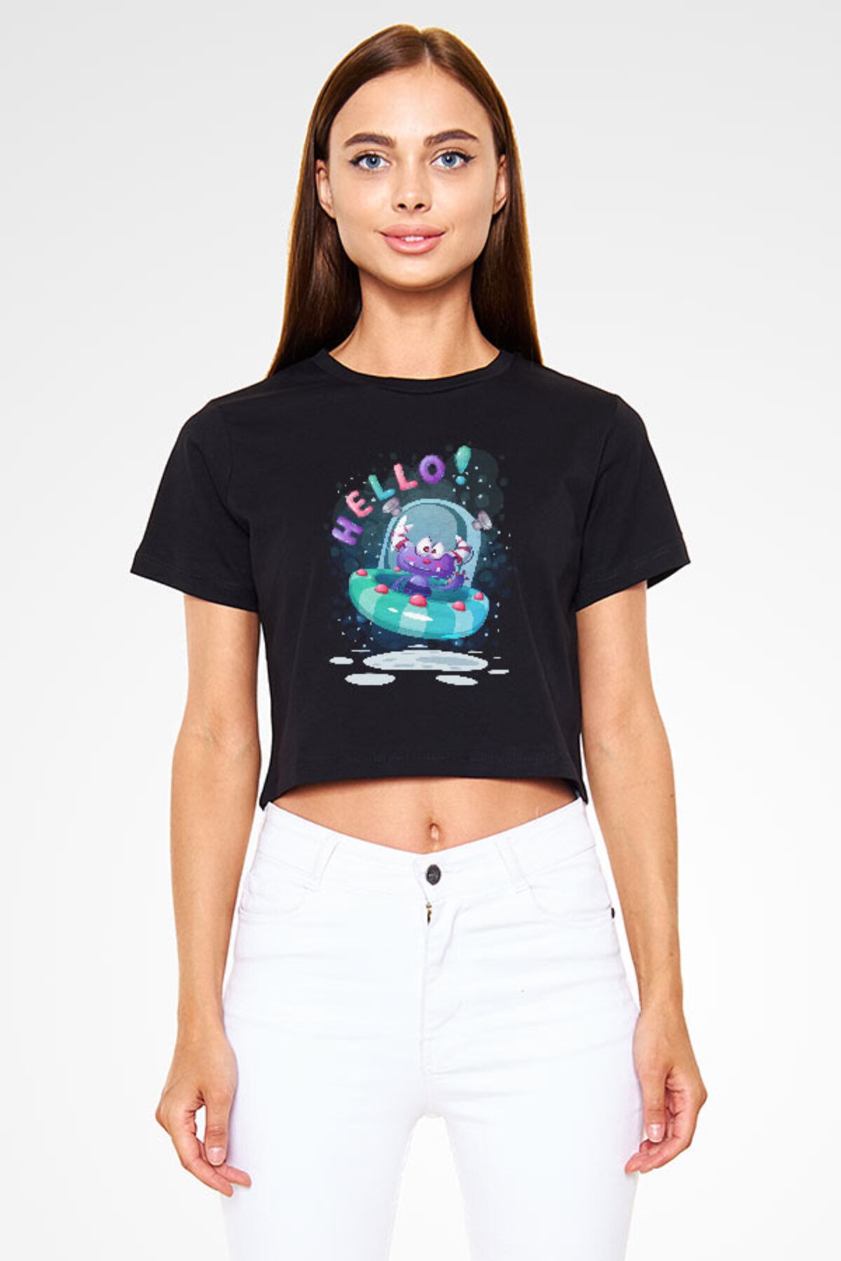 Darkhane Merhaba Ben Uzaylı Siyah Unisex Crop Top Tişört T-Shirt