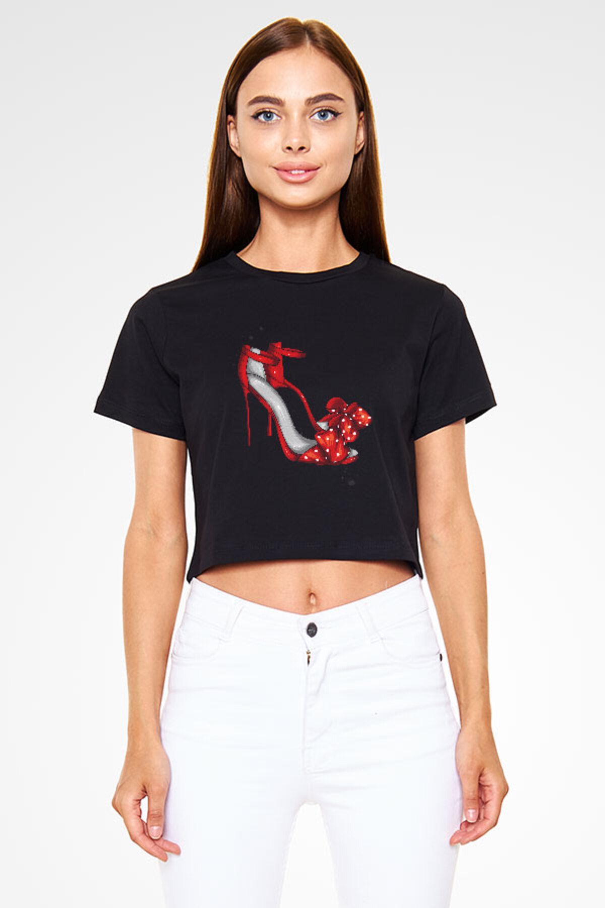 Darkhane Kırmızı Stiletto Tarzı Fashion Siyah Unisex Crop Top Tişört T-Shirt