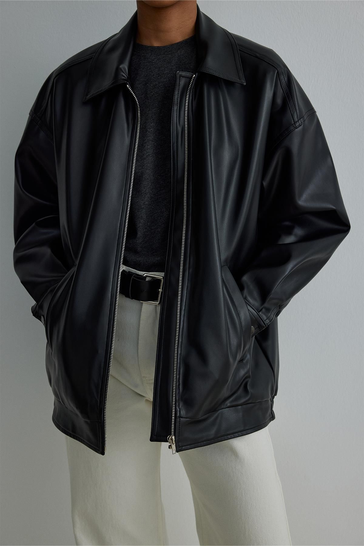 Suud Collection Siyah 90's Suni Deri Ceket