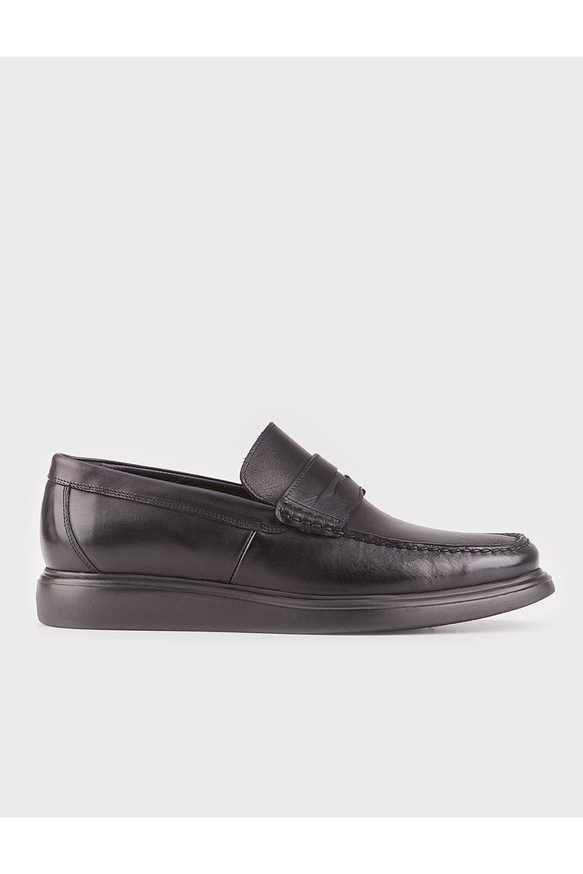 Cabani Hakiki Deri Siyah Kemerli Erkek Günlük Loafer Ayakkabı