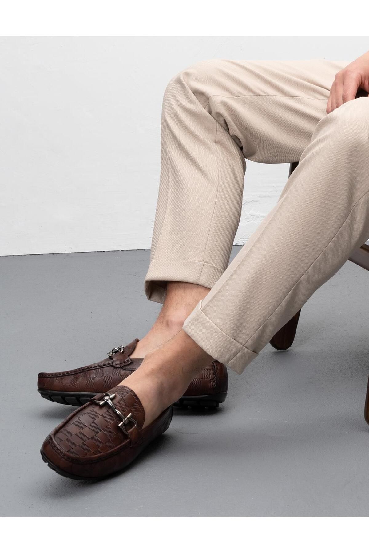 Cabani Hakiki Deri Kahverengi Ekose Detaylı Erkek Loafer Ayakkabı