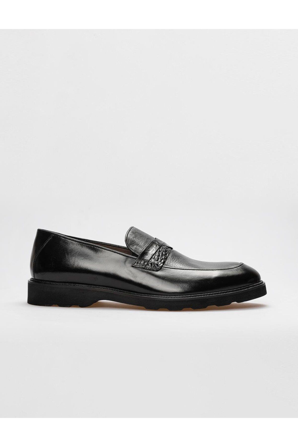Cabani Hakiki Deri Siyah Kroko Kemer Detaylı Erkek Klasik Ayakkabı