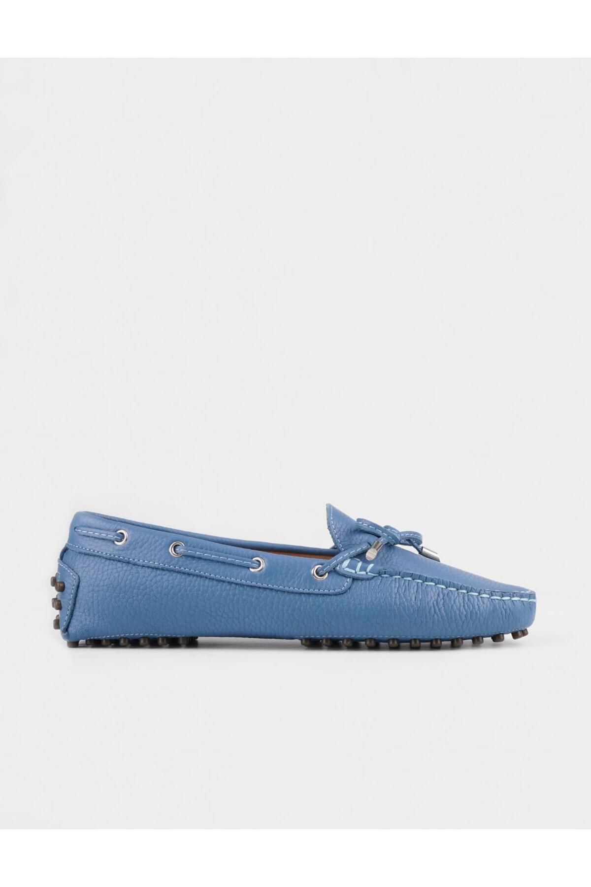 Cabani Hakiki Deri Mavi Kadın Loafer Ayakkabı