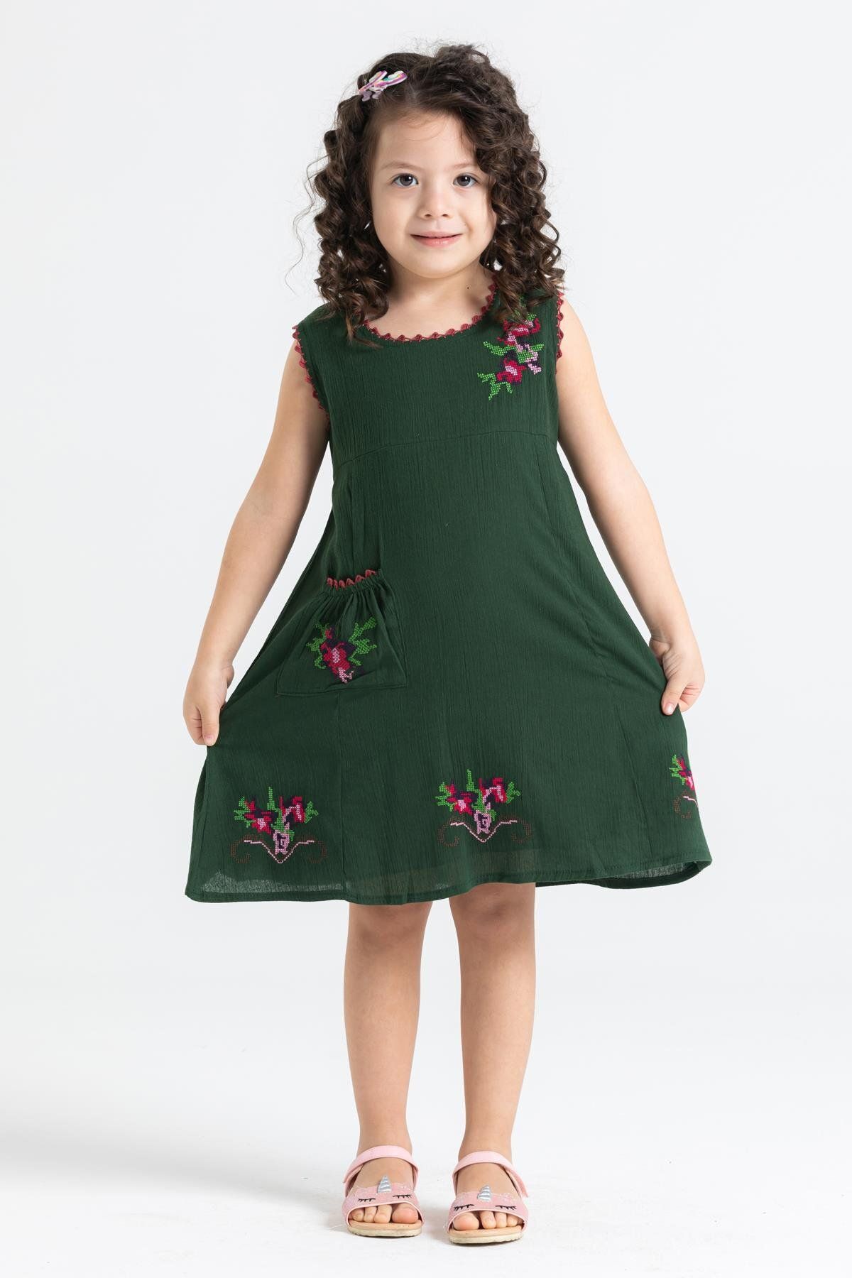 Eliş Şile Bezi Burçak Şile Bezi Kız Çocuk Yazlık Elbise Yeşil Ysl