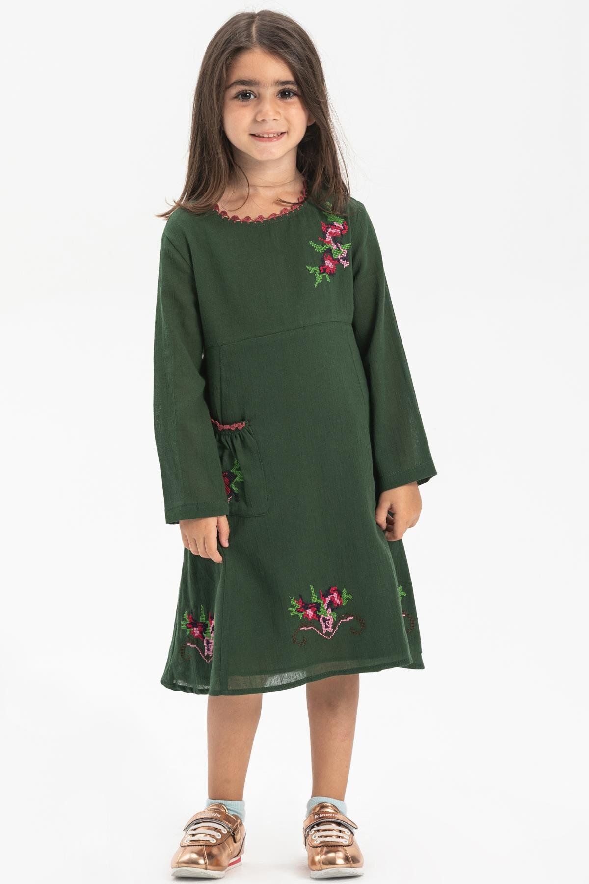 Eliş Şile Bezi Uzun Kol Şile Bezi Burçak Yazlık Çocuk Elbise Yeşil Ysl