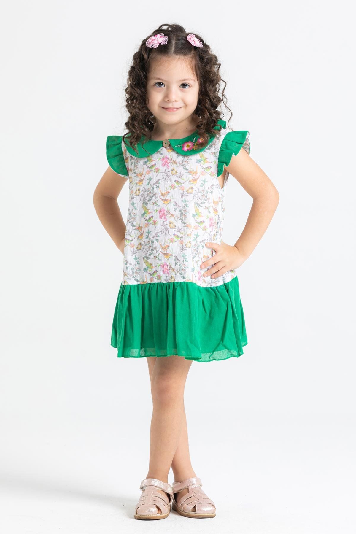 Eliş Şile Bezi Dilan Şile Bezi Kelebek Desen Yazlık Çocuk Elbise Yeşil Ysl