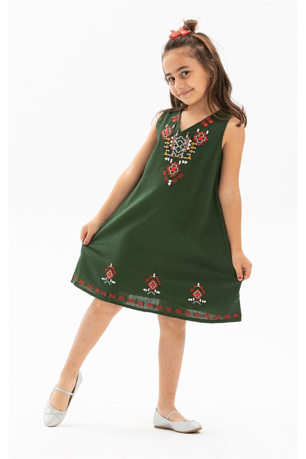 Eliş Şile Bezi Gökçe Şile Bezi Kız Çocuk Yazlık Elbise Yeşil Ysl
