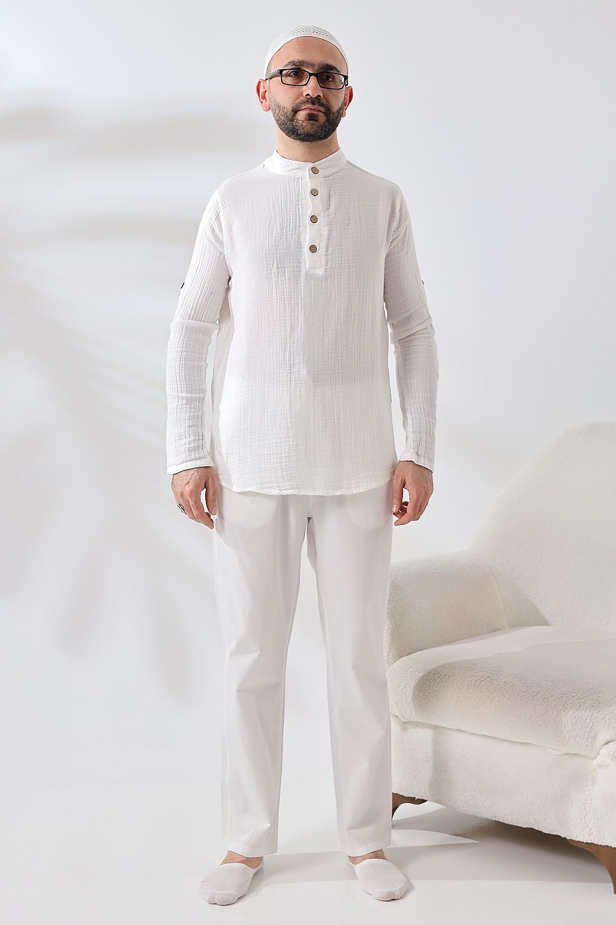 ihvanonline Erkek Gömlek Pantolon İkili Takım Hac Umre Kıyafeti Beyaz