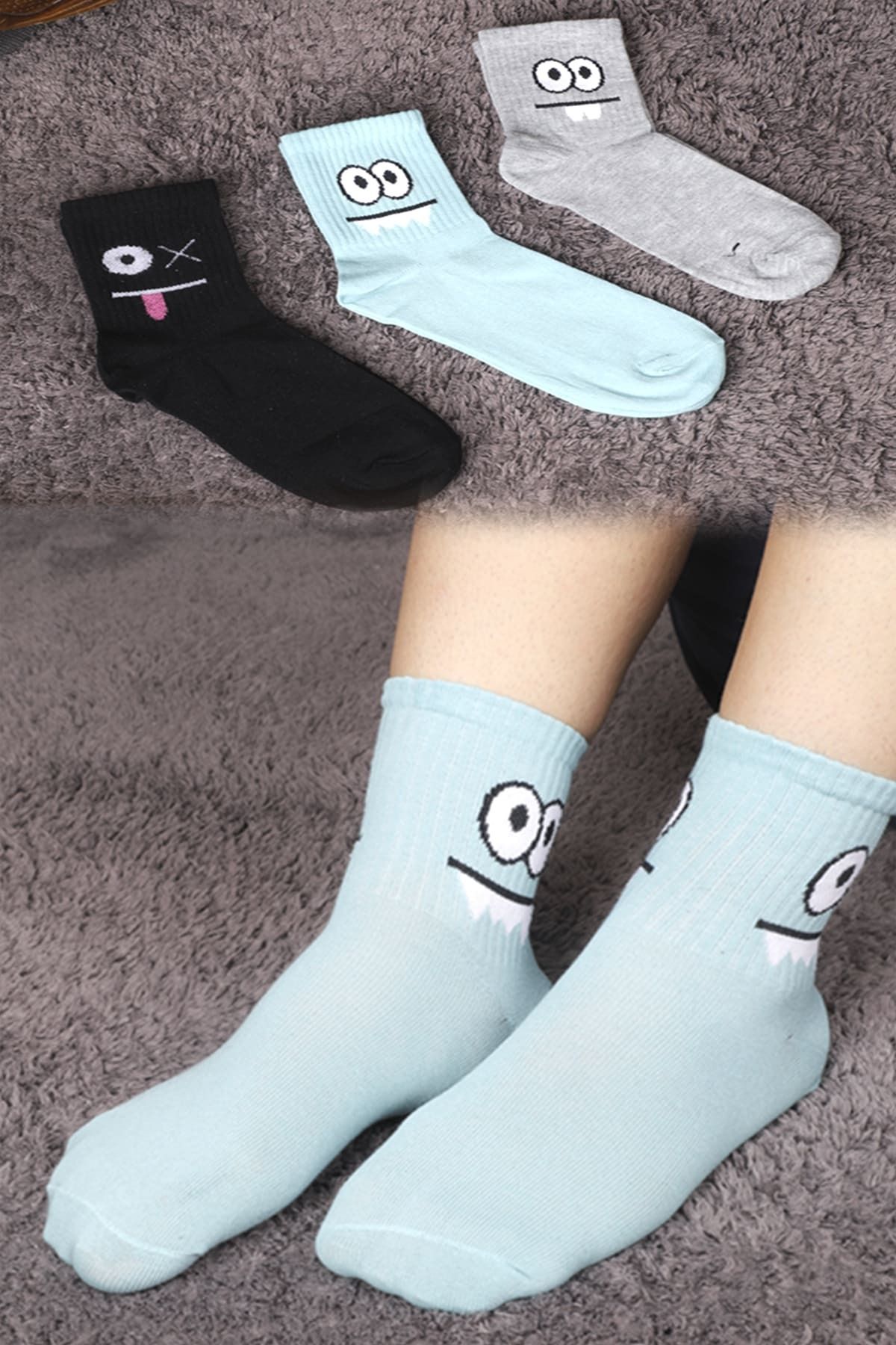Esinti Kadın Erkek Çorap Çocuk Çorap Uzun Spor Çorapları Desenli Soket Çorap Renkli Çorap 3 Adet