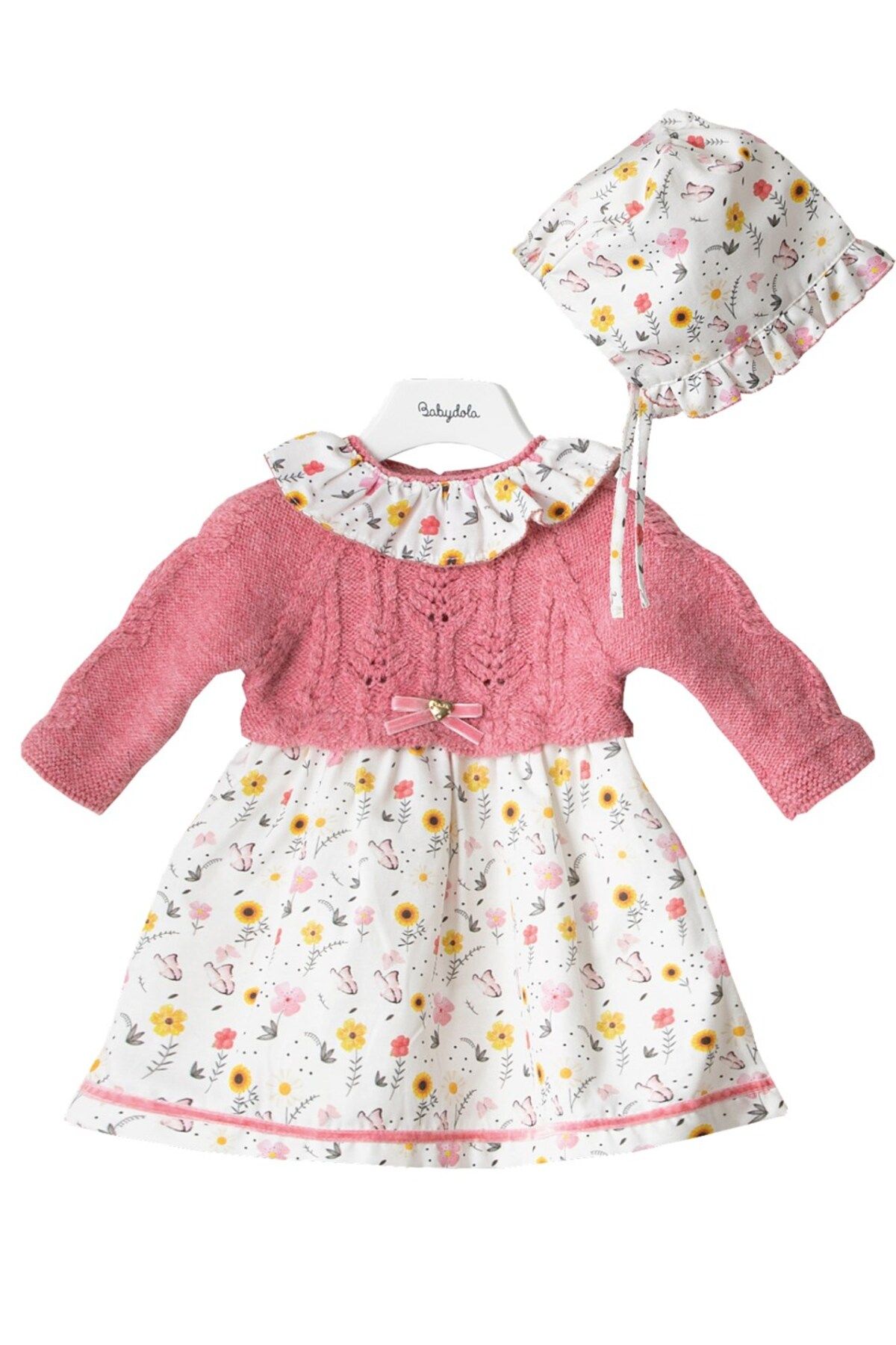 Babydola Kız Bebek Çiçekli Triko Elbise & Şapka 2'li Takım