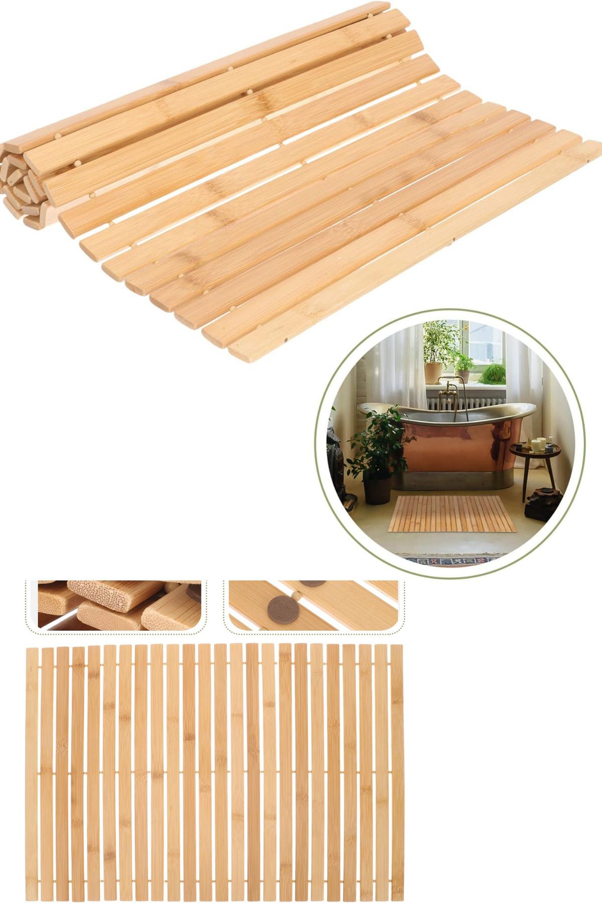 NEWNOW Bambu Paspas, kaymaz bambu duş paspası, mutfak banyo halısı, hızlı kurur, banyo  ve küvet 40 x 60 cm