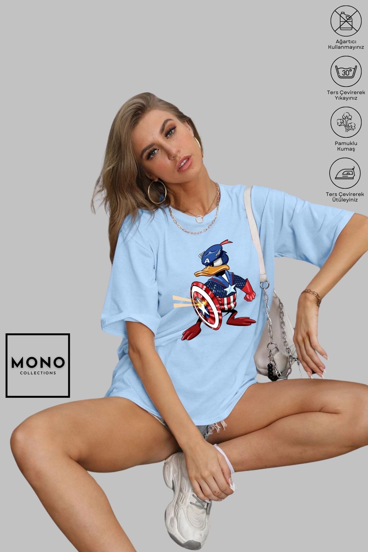 MONO COLLECTİON MONO COLL Unisex Oversize Bisiklet Yaka Pamuk Donald Duck Captain AmericaBaskılı Kısa Kollu Tişört