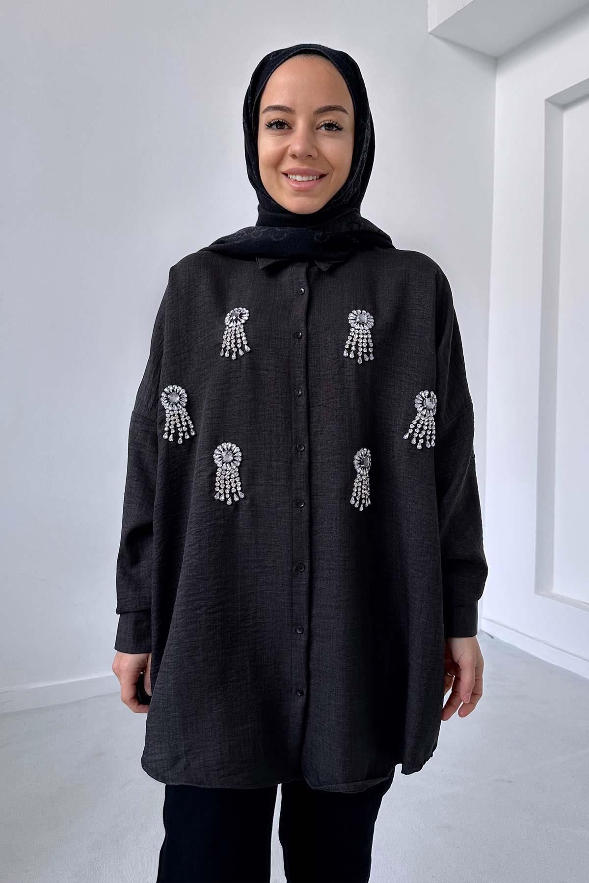 Ka Hijab Capella Oversize Taşlı Gömlek - Siyah