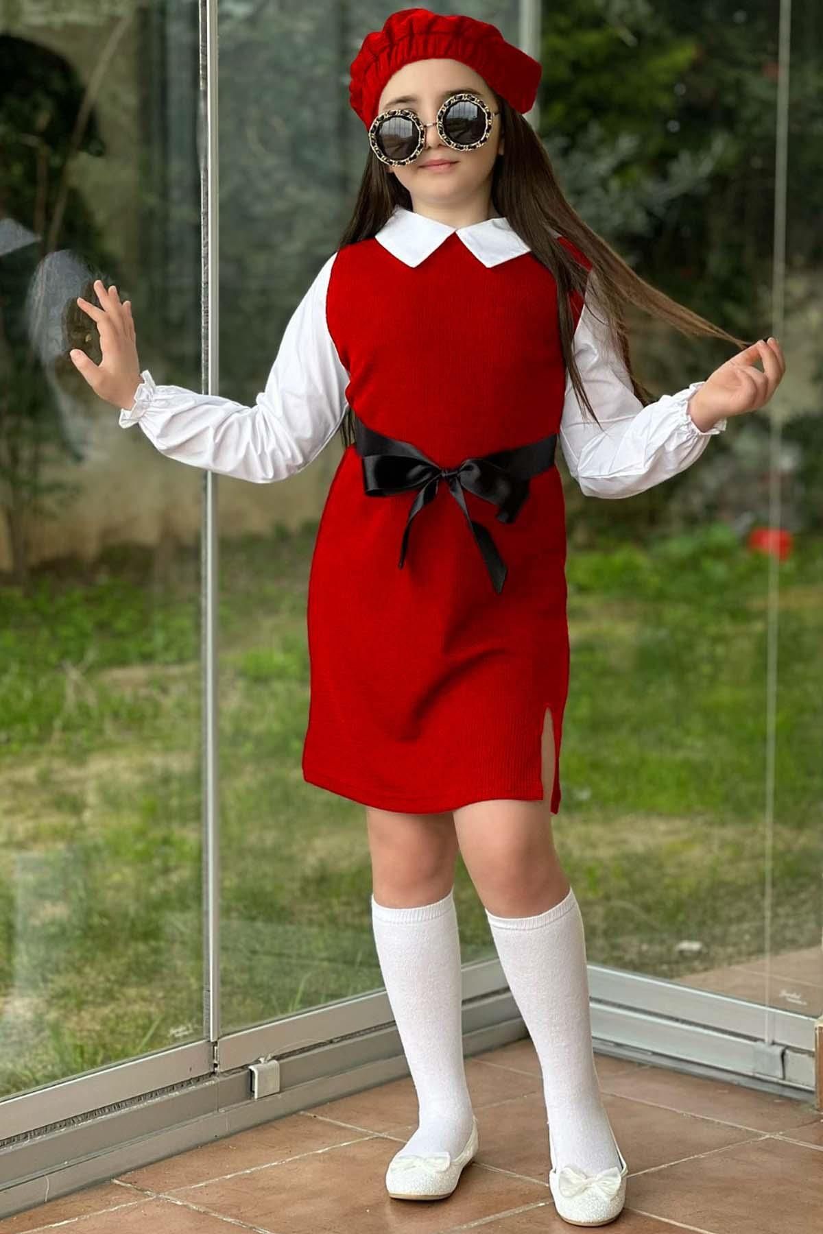 Riccotarz Kız Çocuk Gömlek Yaka Yırtmaç Detaylı Fitilli Kumaş Kırmızı Elbise