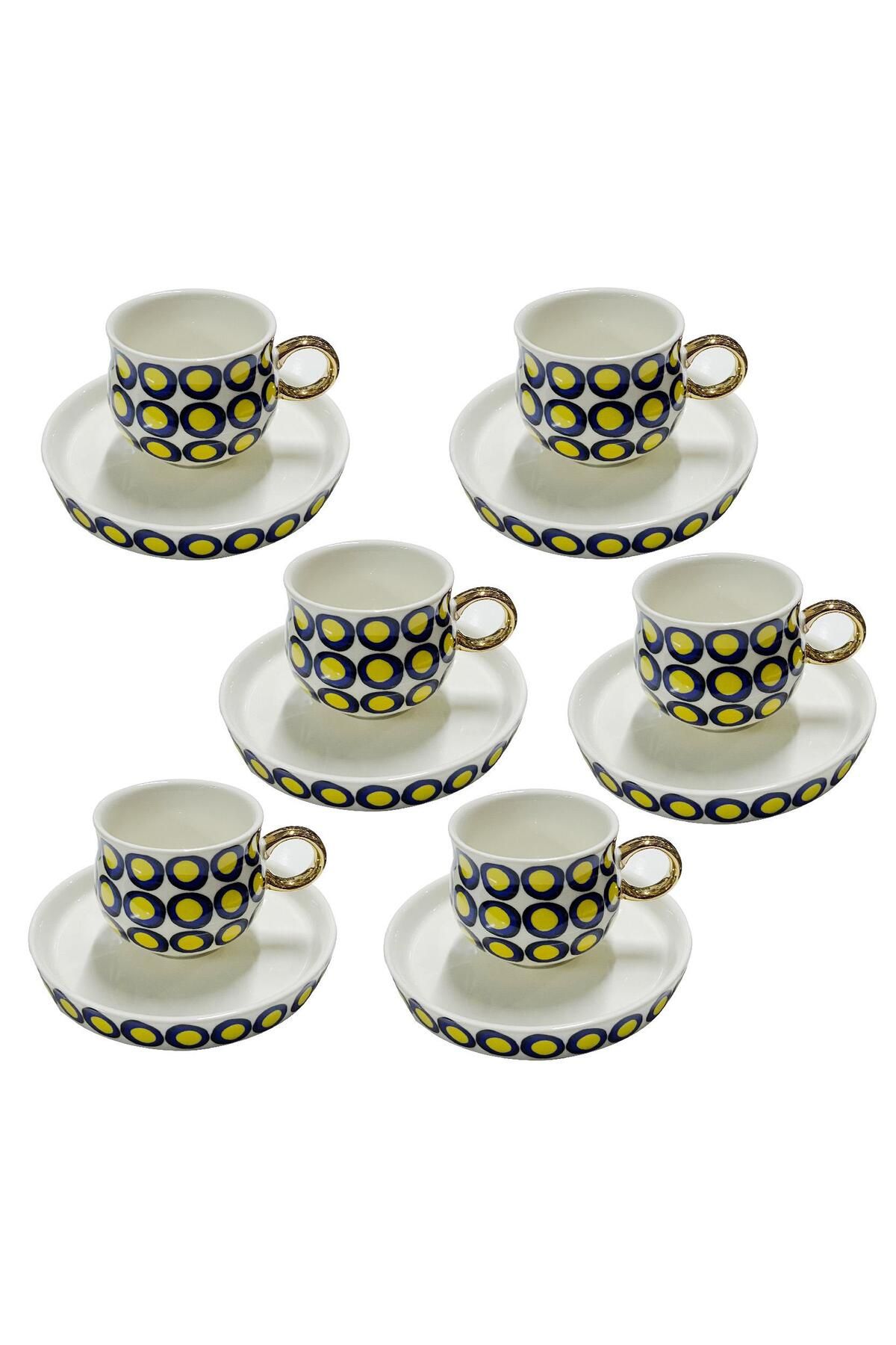 Schafer Porselen Kahve Fincan Takımı 6 Kişilik Sarı Desenli