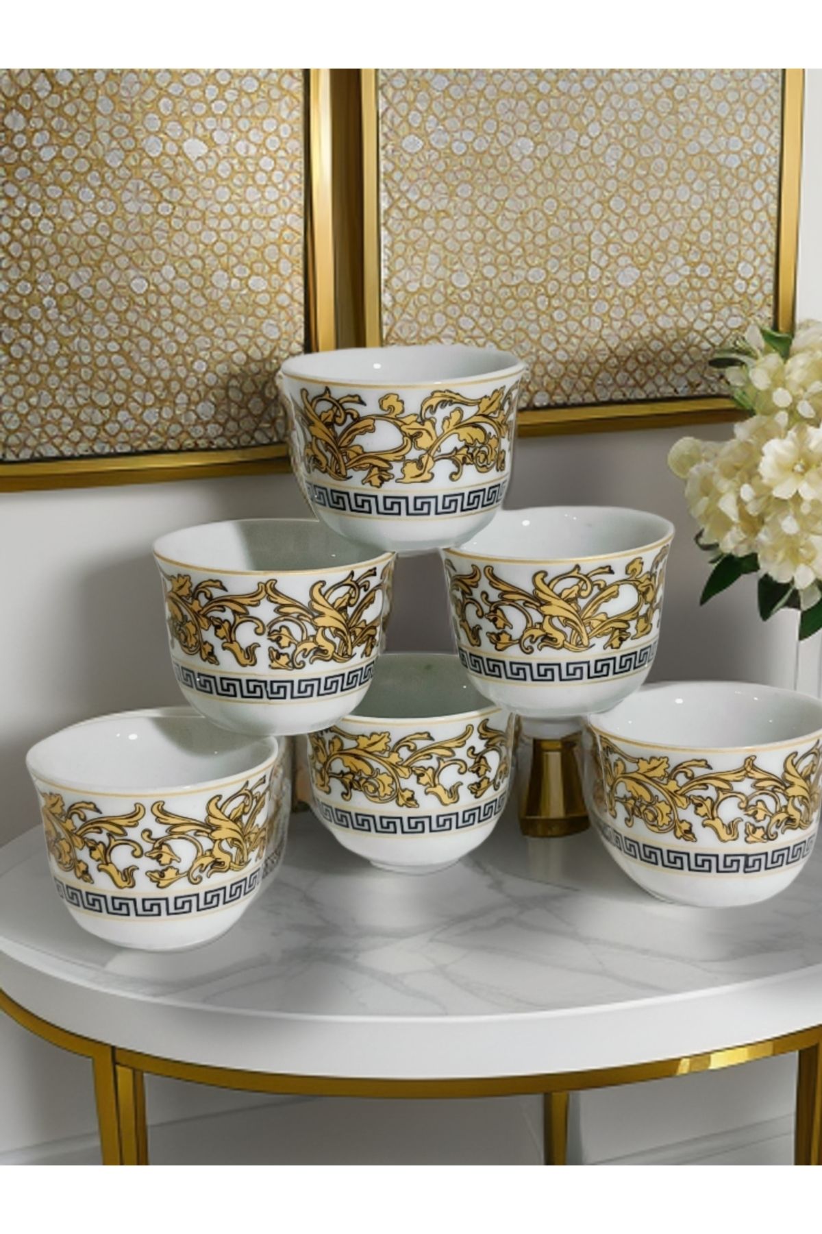 SAMSA Yaldız Zincir Desenli Mırra Kulpsuz Fincan Porselen Takımı 6 Adet Mırra Cup Porcelain 6 Pieces