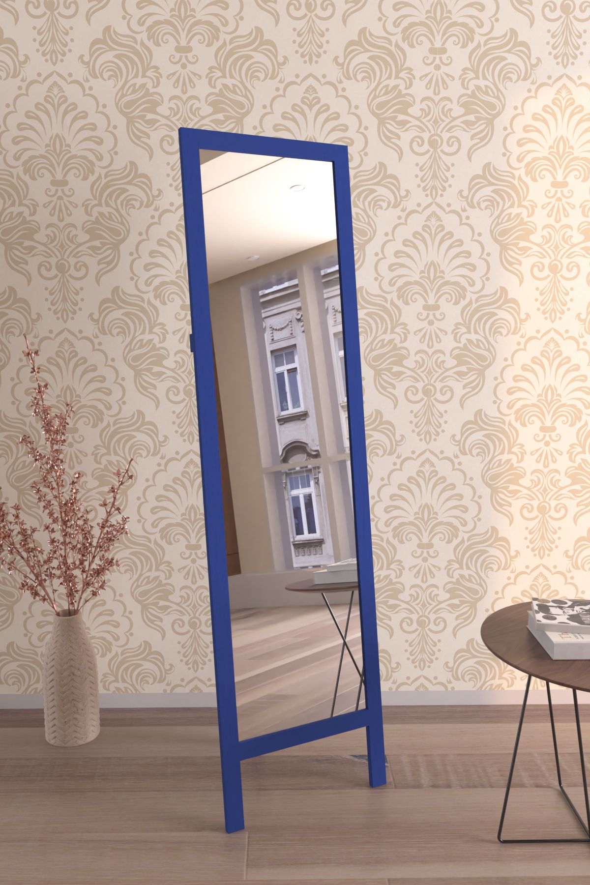 Hediyeler Kapında Mavi Ahşap Ayaklı Boy Aynası 145x40cm