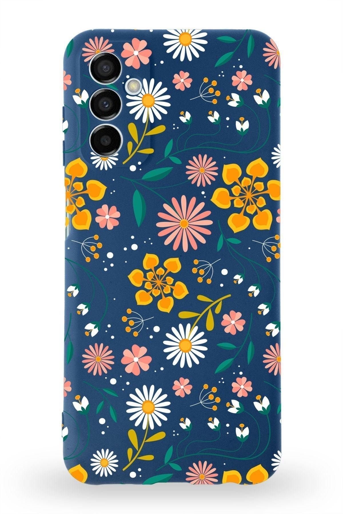 PrintiFy Samsung Galaxy M34 Uyumlu Lansman Kılıf Çiçek Tasarımlı Içi Kadife Kapak-lacivert
